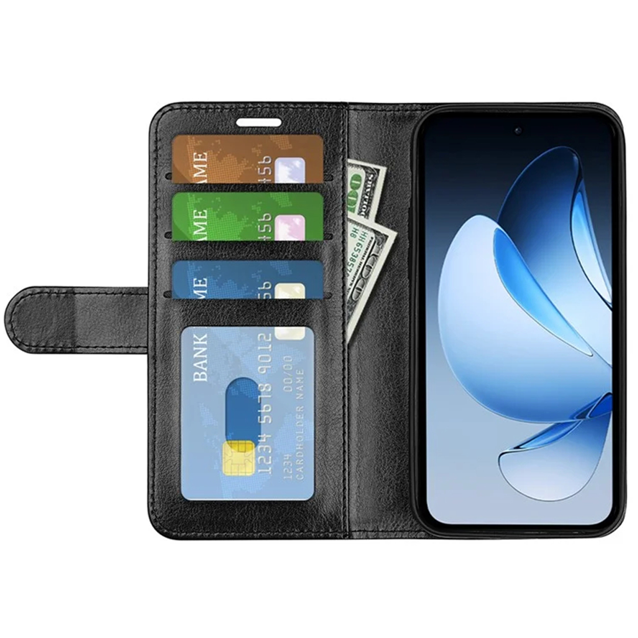 Étui portefeuille de téléphone noir ouvert. Cartes et argent visibles. Écran bleu du téléphone.