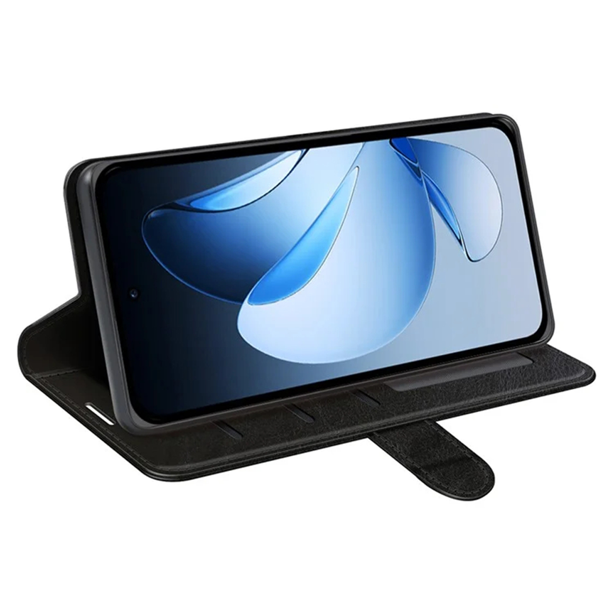 Un téléphone noir dans un étui noir ouvert. L'écran affiche une image bleue et blanche. Fond noir.