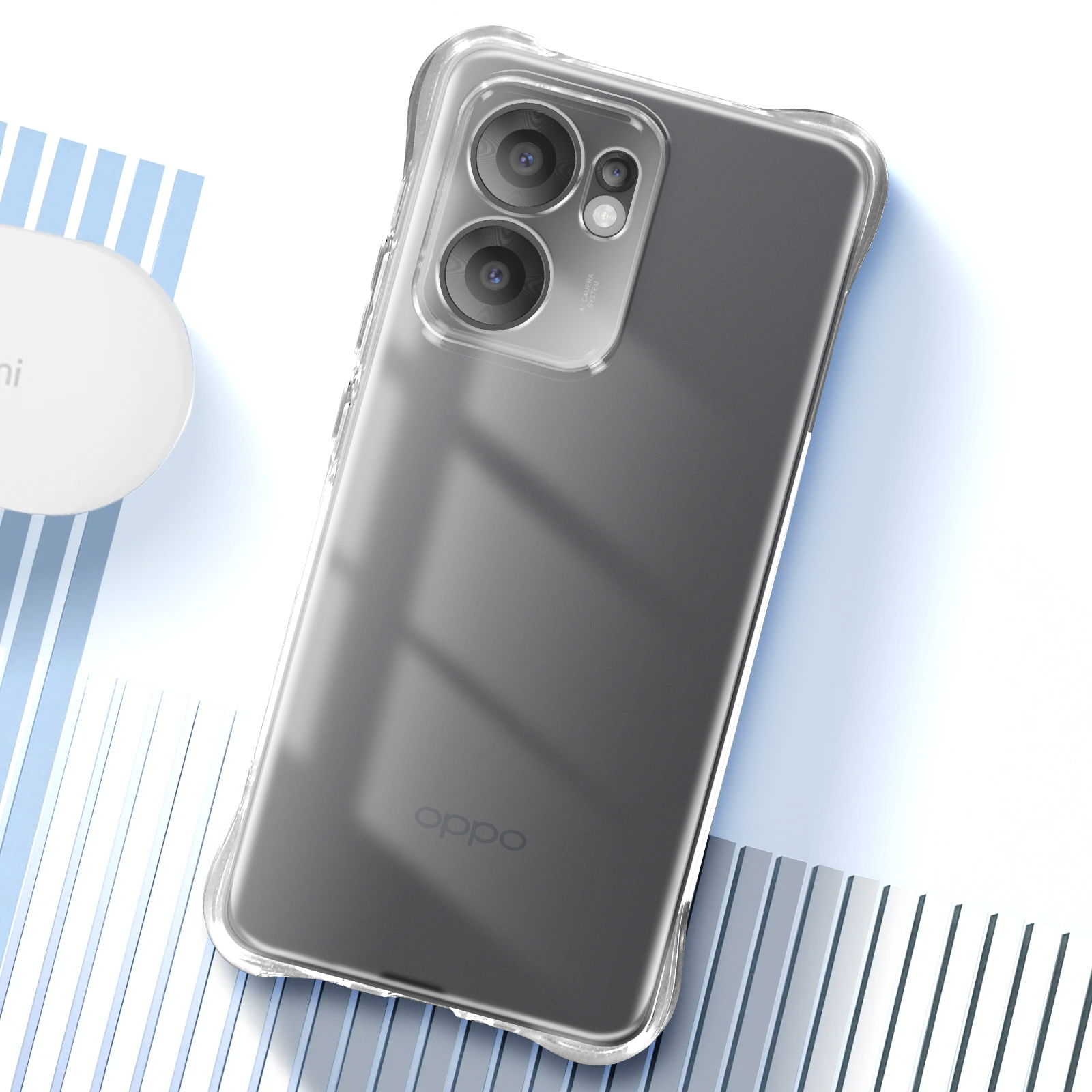 Custodia trasparente per telefono con un telefono grigio all'interno. Sfondo a motivi blu e bianchi.