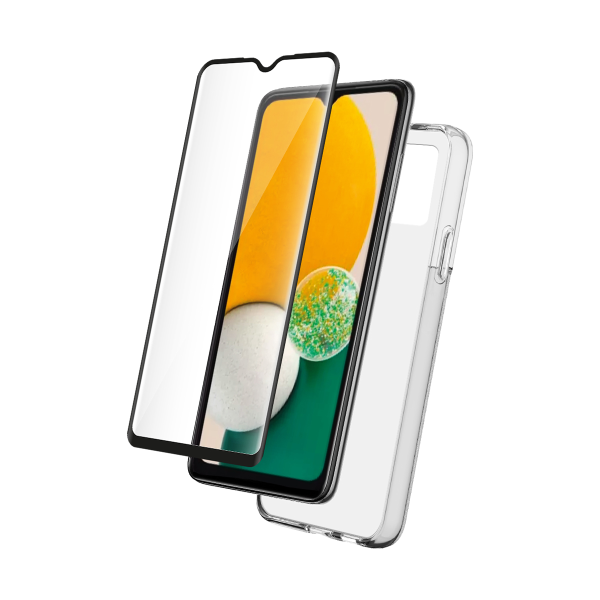 Telefono, protezione schermo e custodia trasparente. Il telefono mostra un design giallo e verde. La custodia è trasparente.