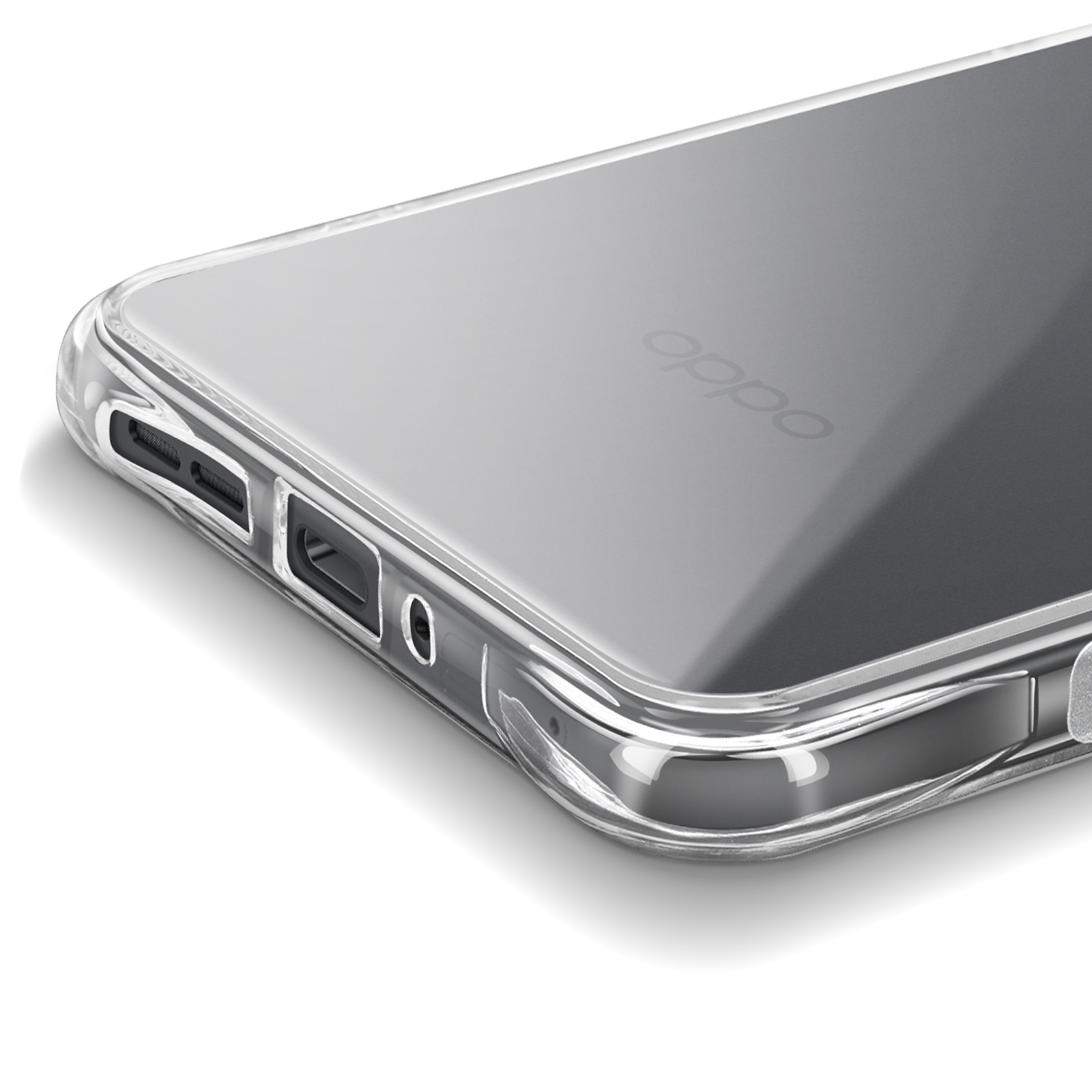 Una custodia trasparente per telefono, che mostra la parte inferiore e il lato. La parola 'oppo' è visibile.