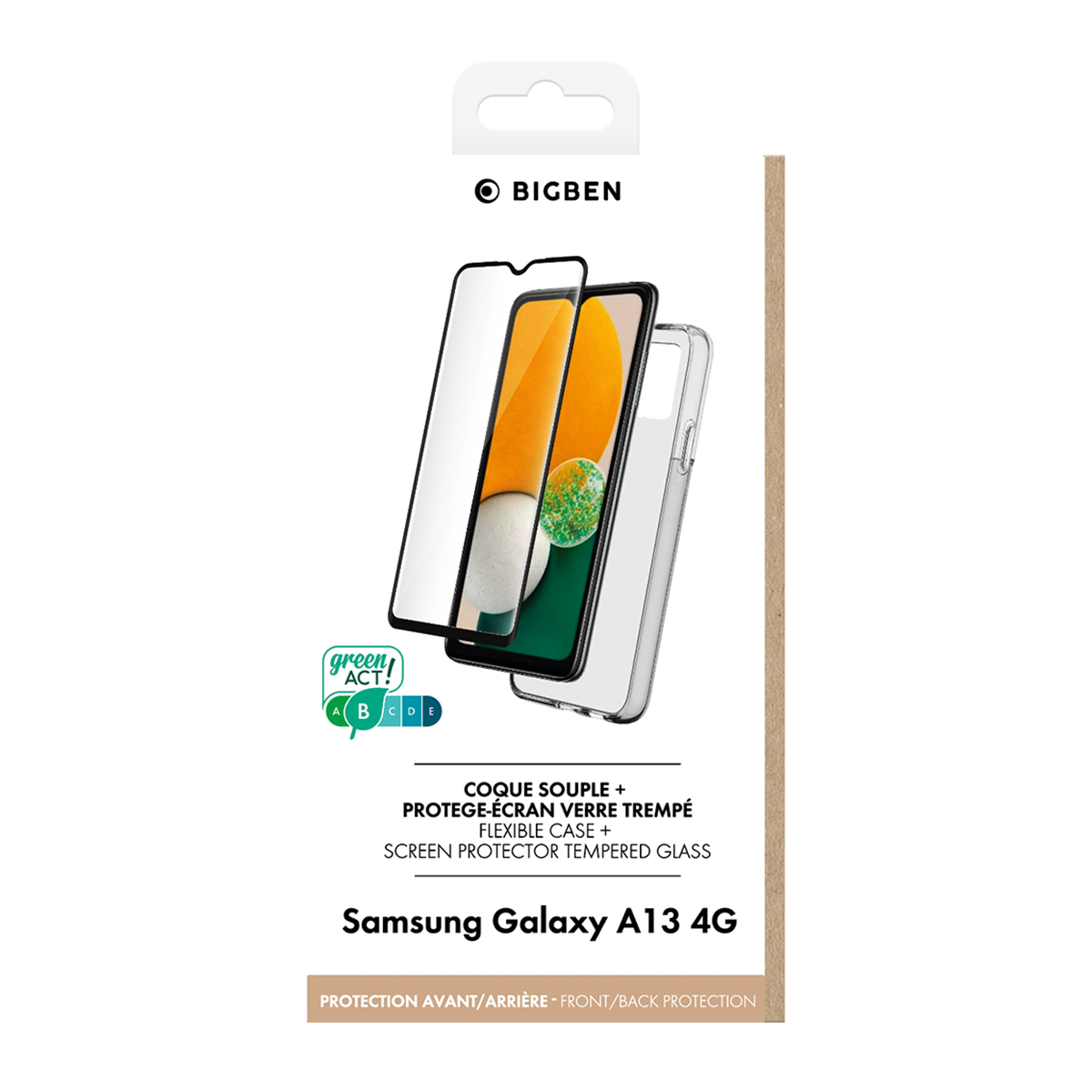 Confezione per un Samsung Galaxy A13 4G. Contiene una custodia, una protezione per lo schermo e informazioni sul prodotto.