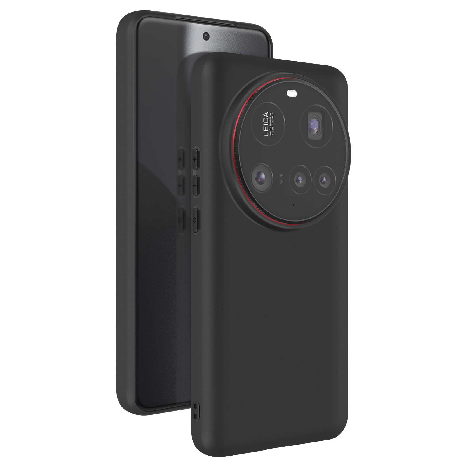 Telefono nero con custodia nera e anello rosso attorno agli obiettivi della fotocamera. Il telefono è appoggiato sulla custodia.