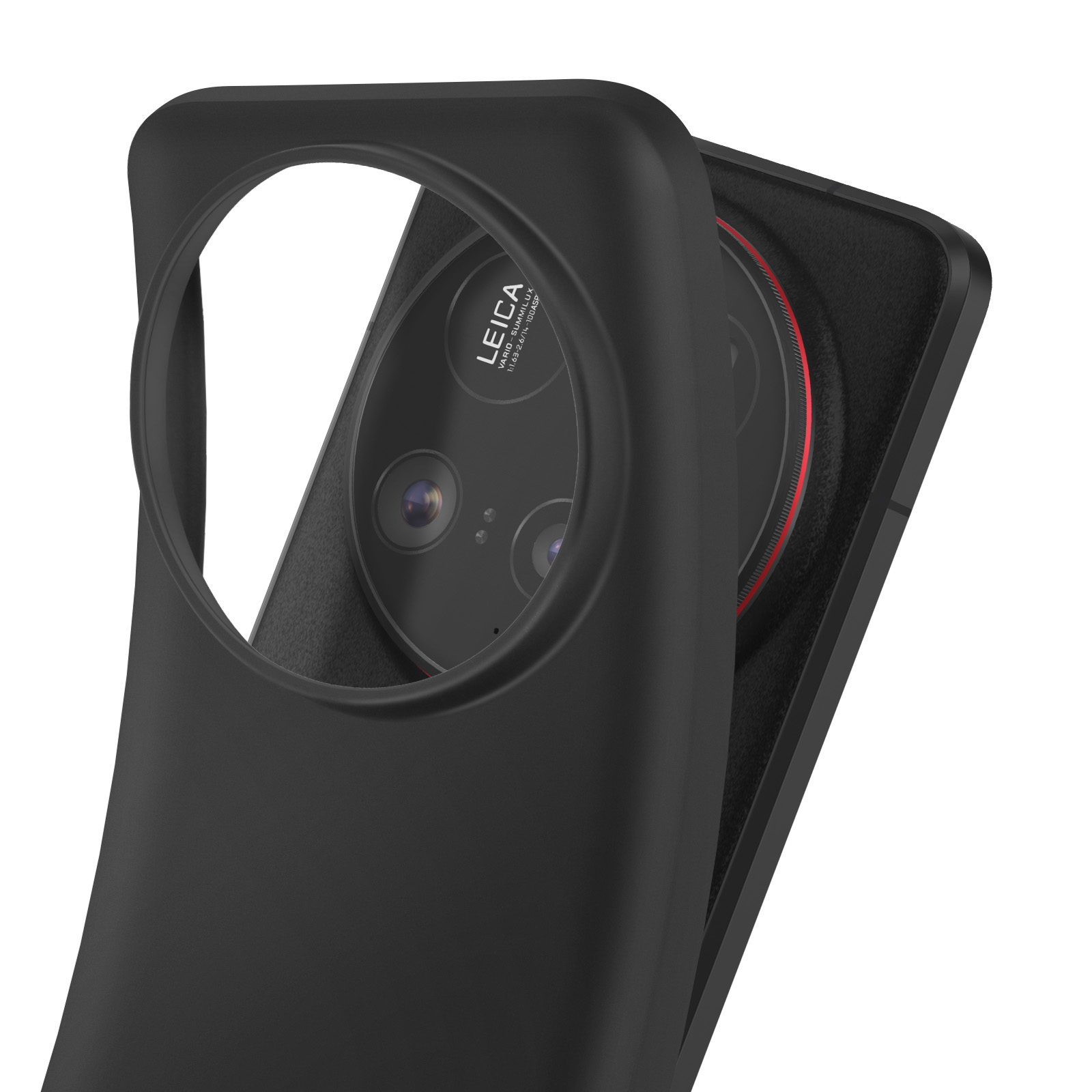 Primo piano di una custodia per telefono nera con anello rosso. Le lenti della fotocamera sono visibili. La custodia è aperta.