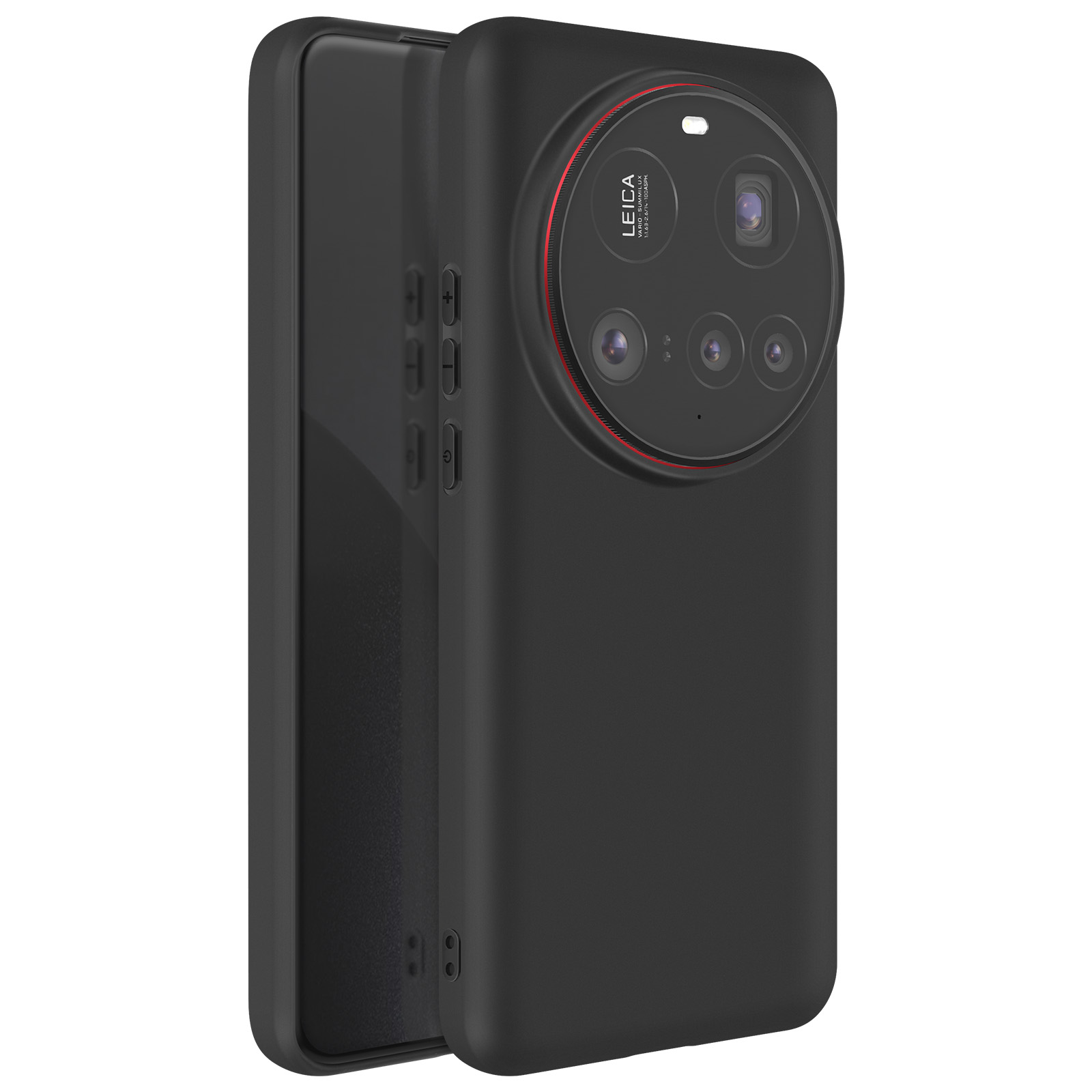 Telefono nero con custodia nera e anello rosso attorno agli obiettivi della fotocamera. Il telefono è appoggiato sulla custodia.