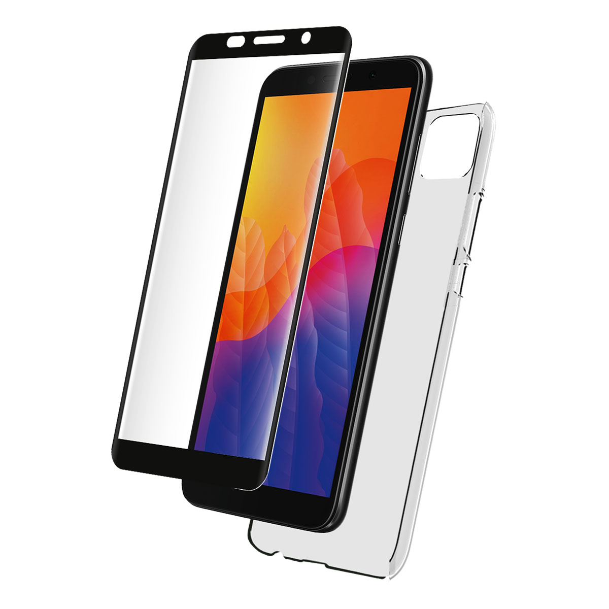 Un telefono con protezione schermo e custodia. Il telefono ha uno schermo colorato. Gli accessori sono trasparenti.