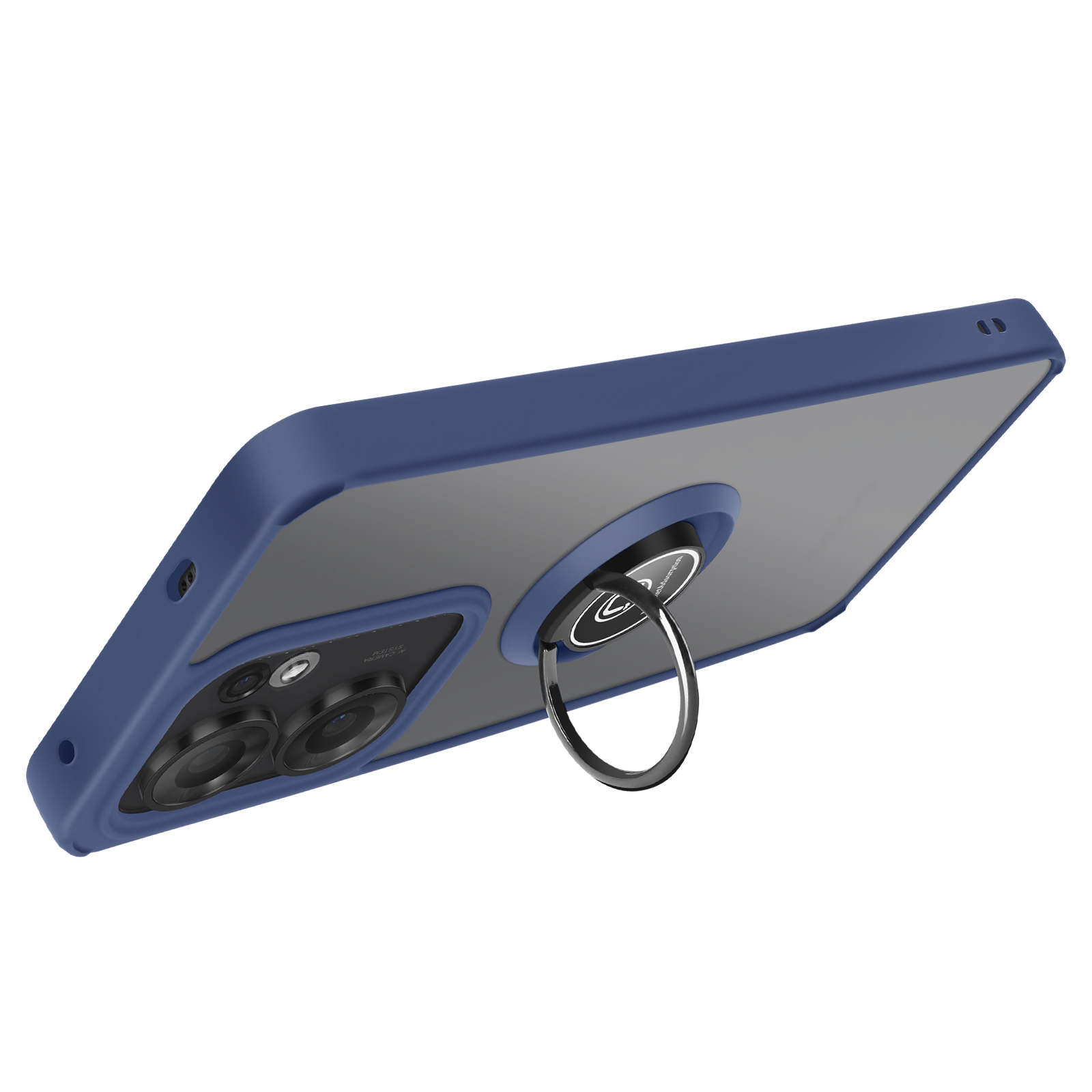 Una custodia blu per telefono con un supporto ad anello. L'anello è argentato. Il retro del telefono è visibile.