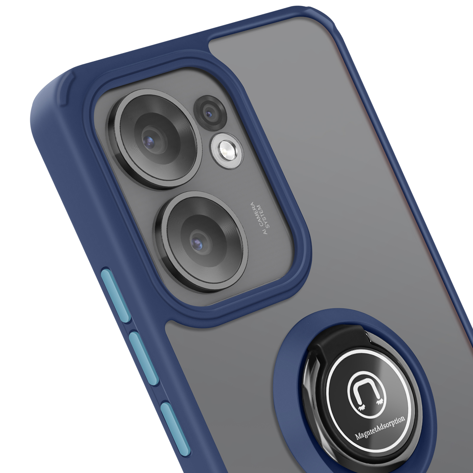 Primo piano di un telefono con una custodia blu e grigia con un supporto ad anello. Sfondo grigio.