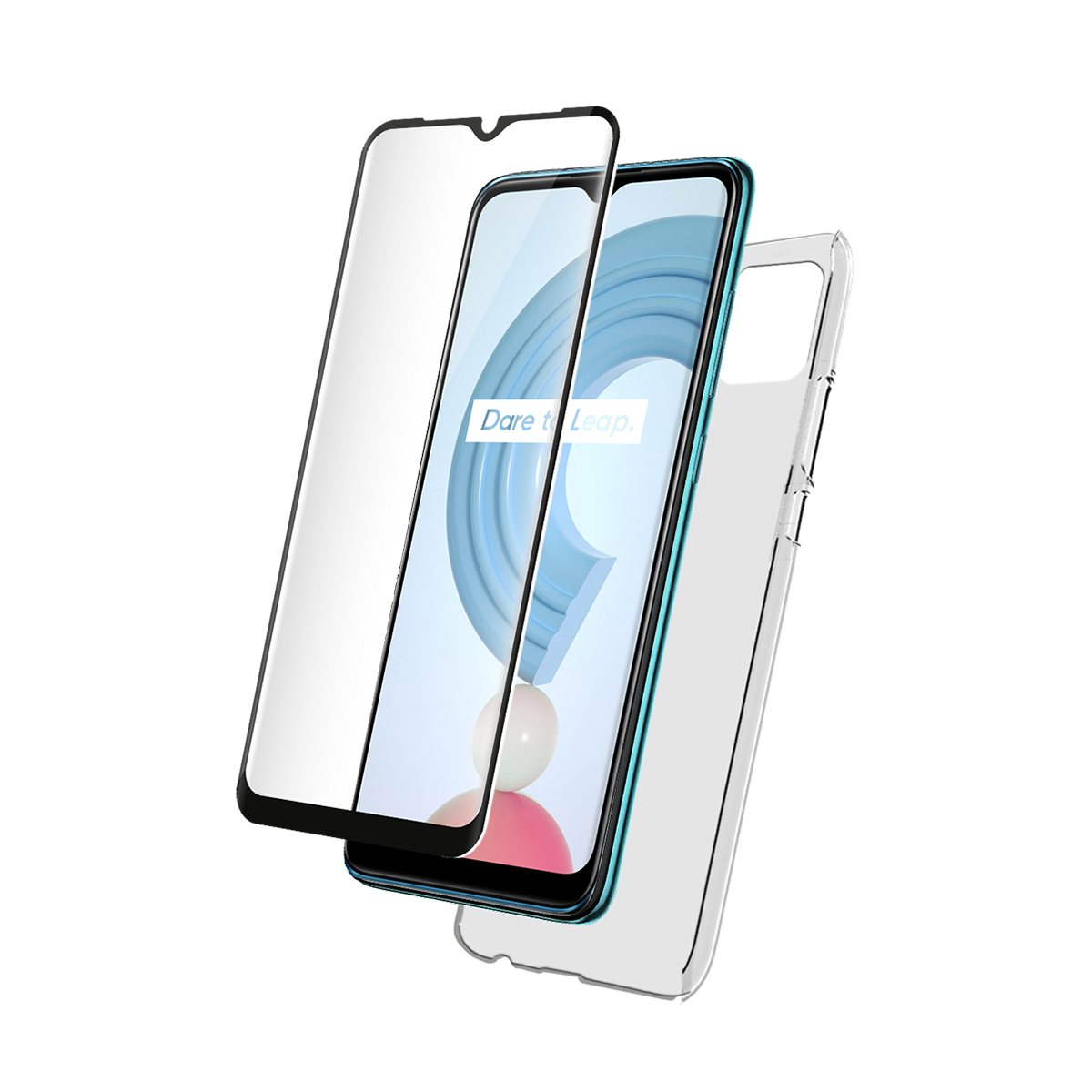Telefono con protezione schermo e custodia, fluttuante su sfondo bianco.