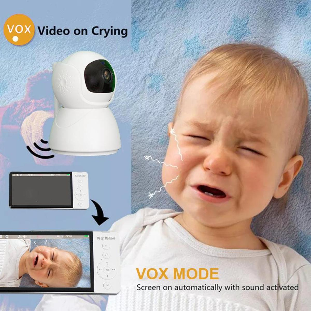 Baby weint mit Babyphone, das ein weinendes Baby zeigt. VOX-Modus ist angezeigt.