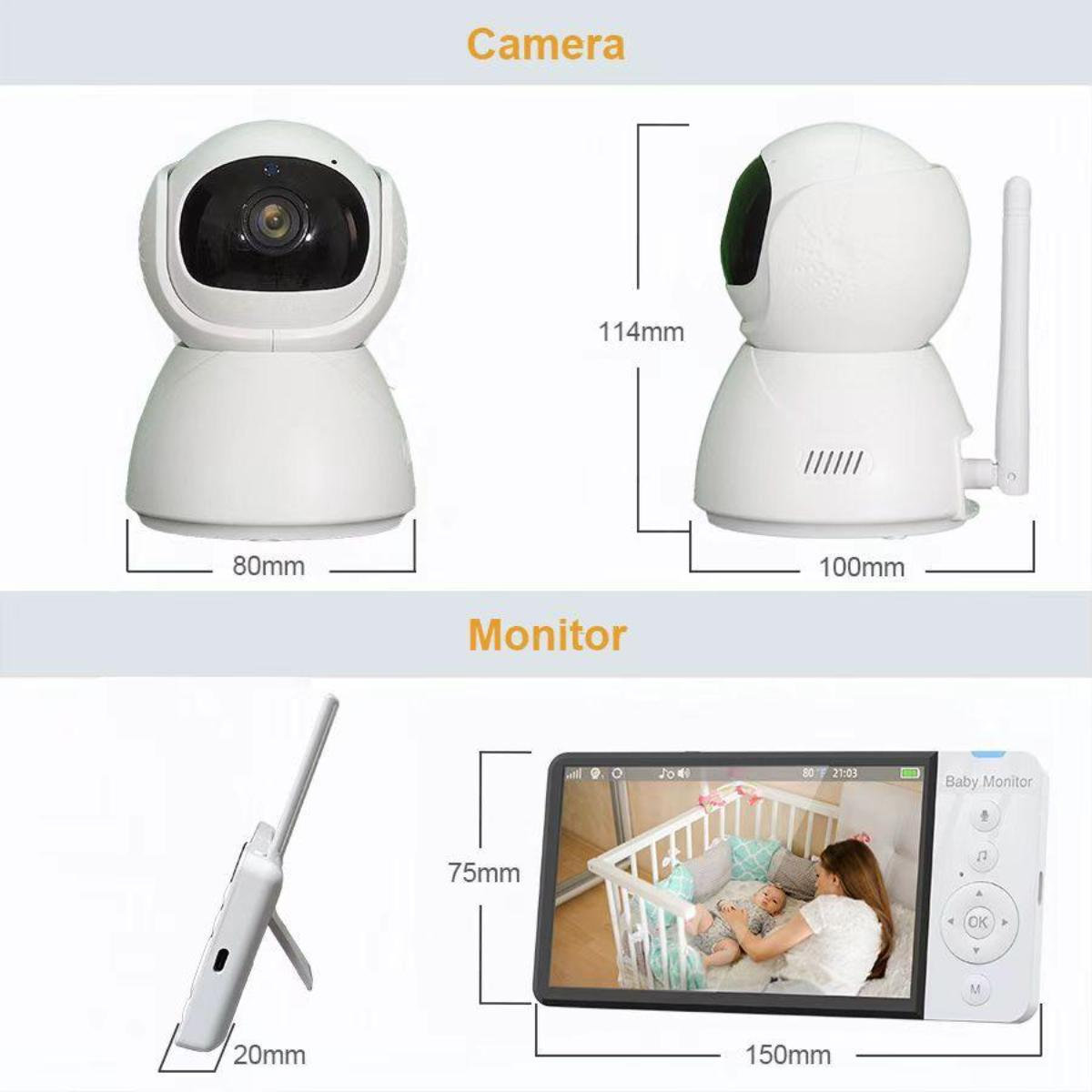 Babyphone: Kamera und Monitor mit Maßen und Abmessungen auf Weiß.