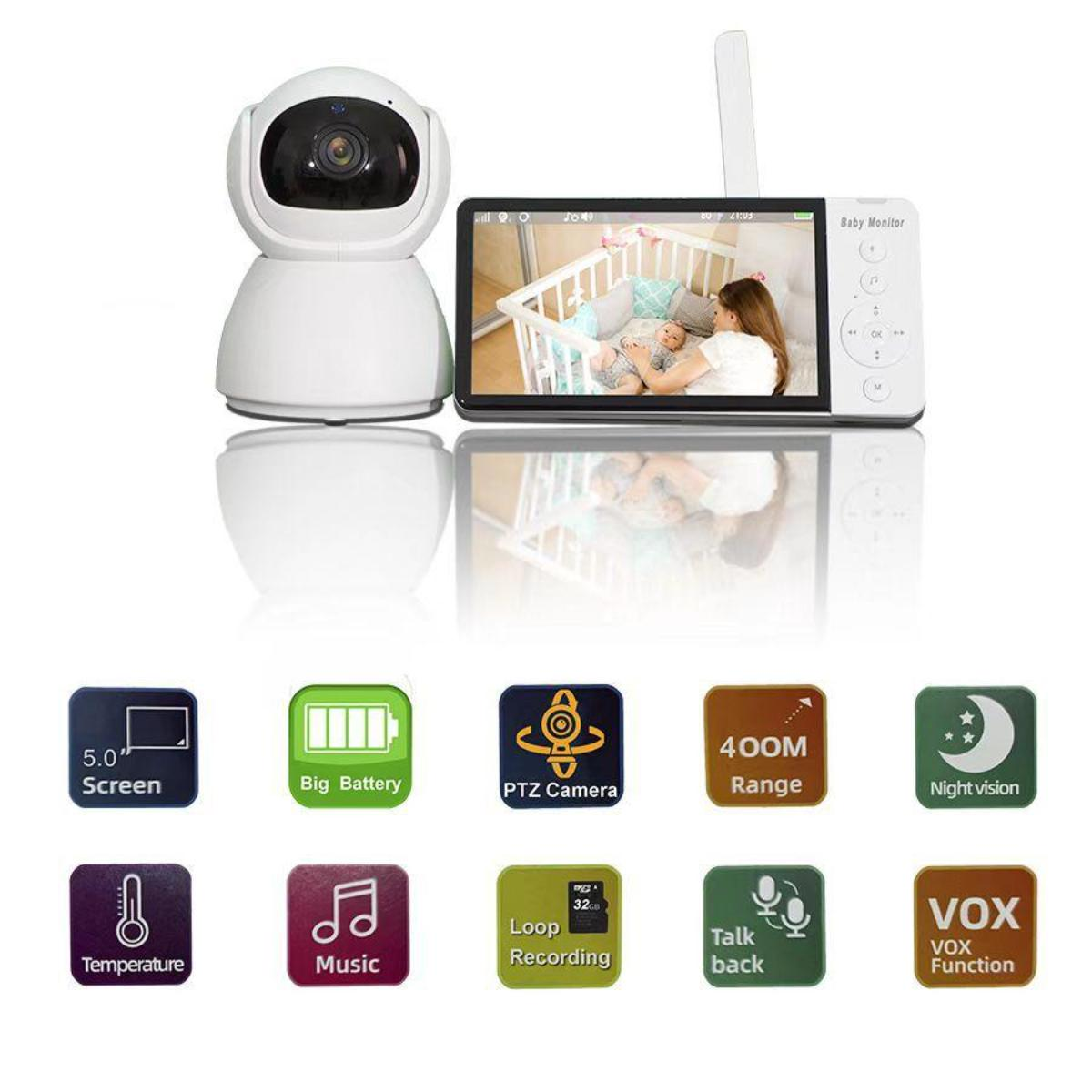 Babyphone mit Bildschirm, der ein Baby im Kinderbett zeigt, mit verschiedenen Funktionssymbolen.