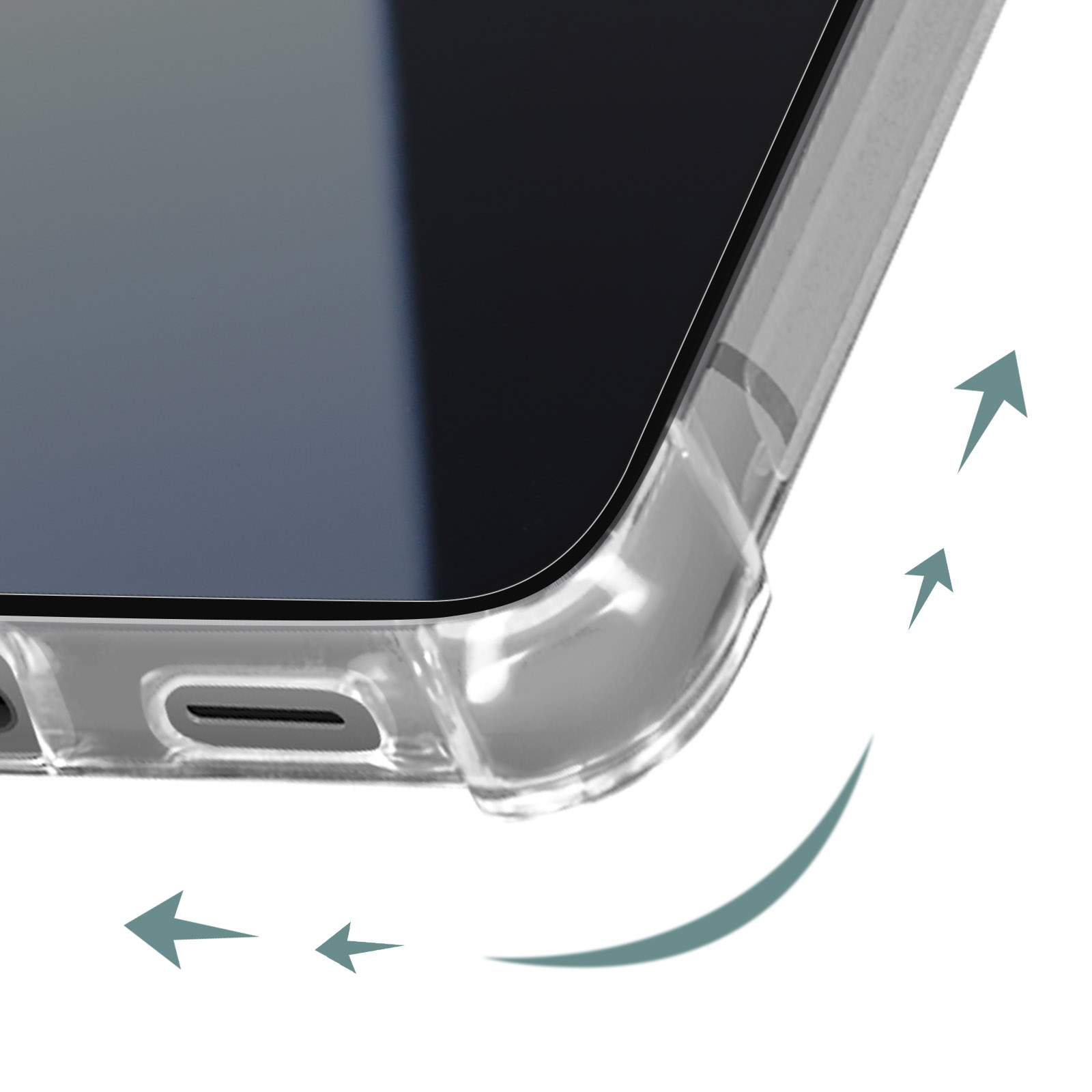 Angolo di custodia trasparente con frecce. Focus sul bordo del telefono.