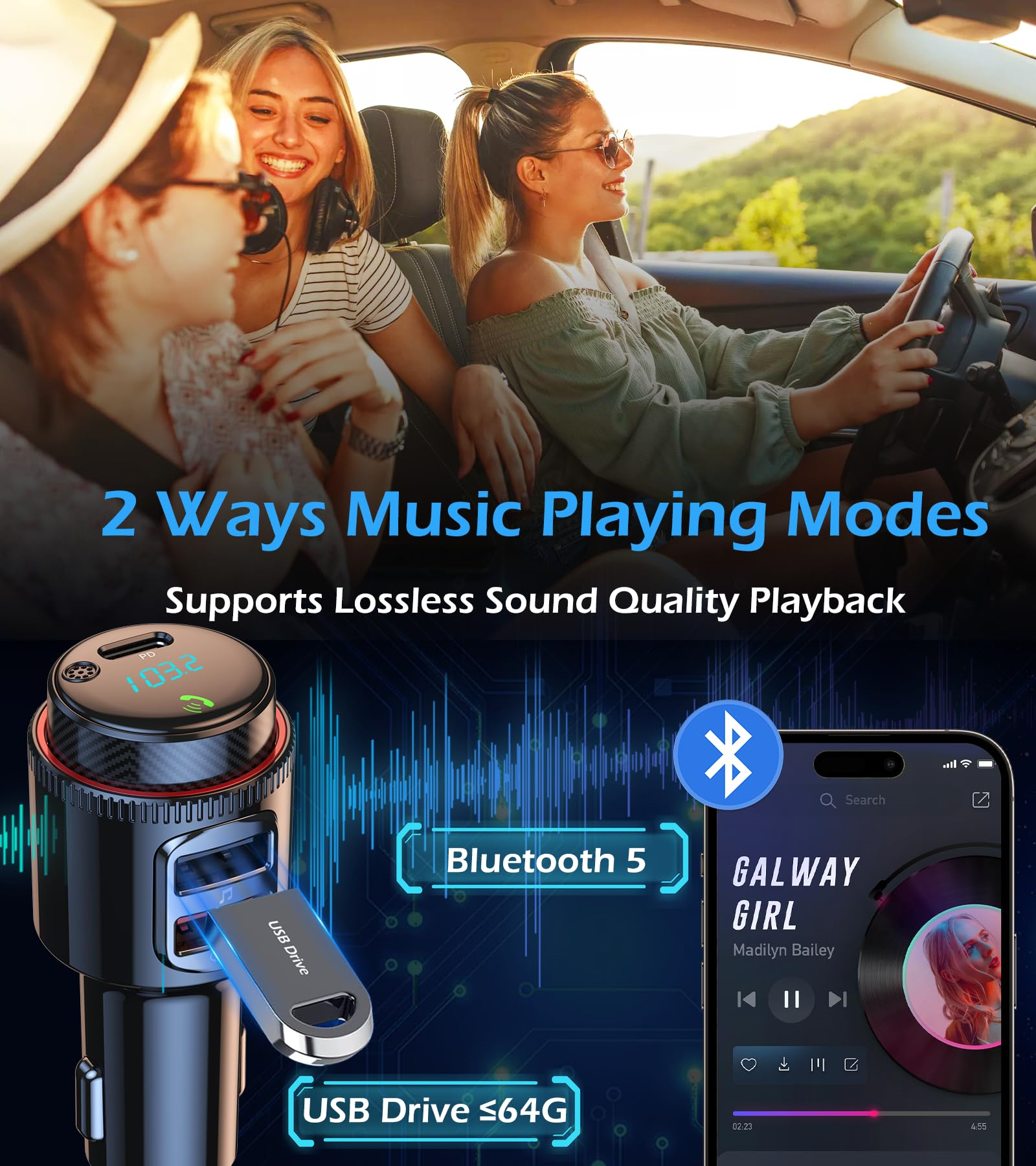 In einem Auto mit drei Personen. Ein Gerät, das Musik abspielt, befindet sich vorne.
