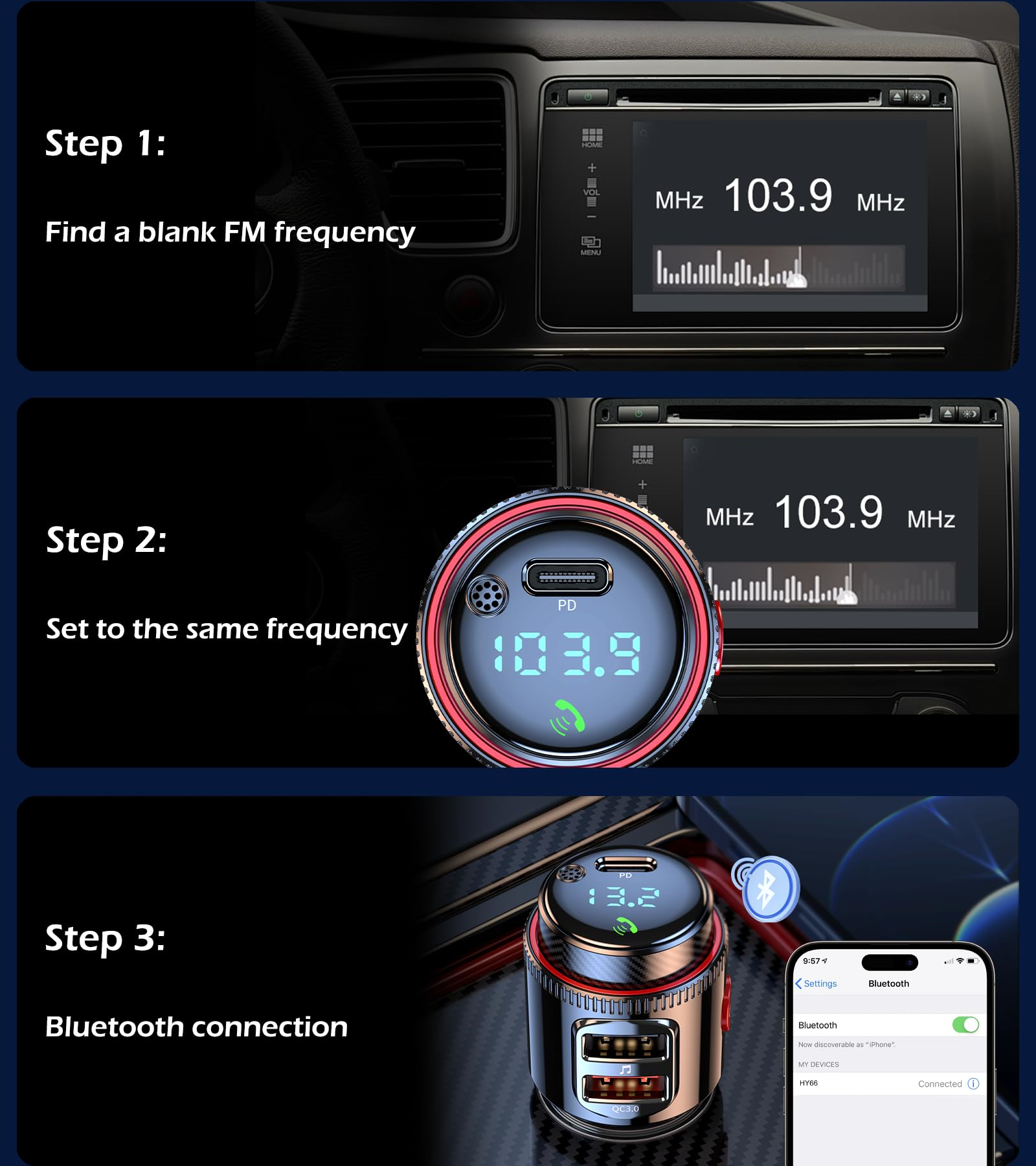 FM-Transmitter mit Frequenzanzeige. Anweisungen: Leere FM finden, Frequenz einstellen, Bluetooth verbinden.