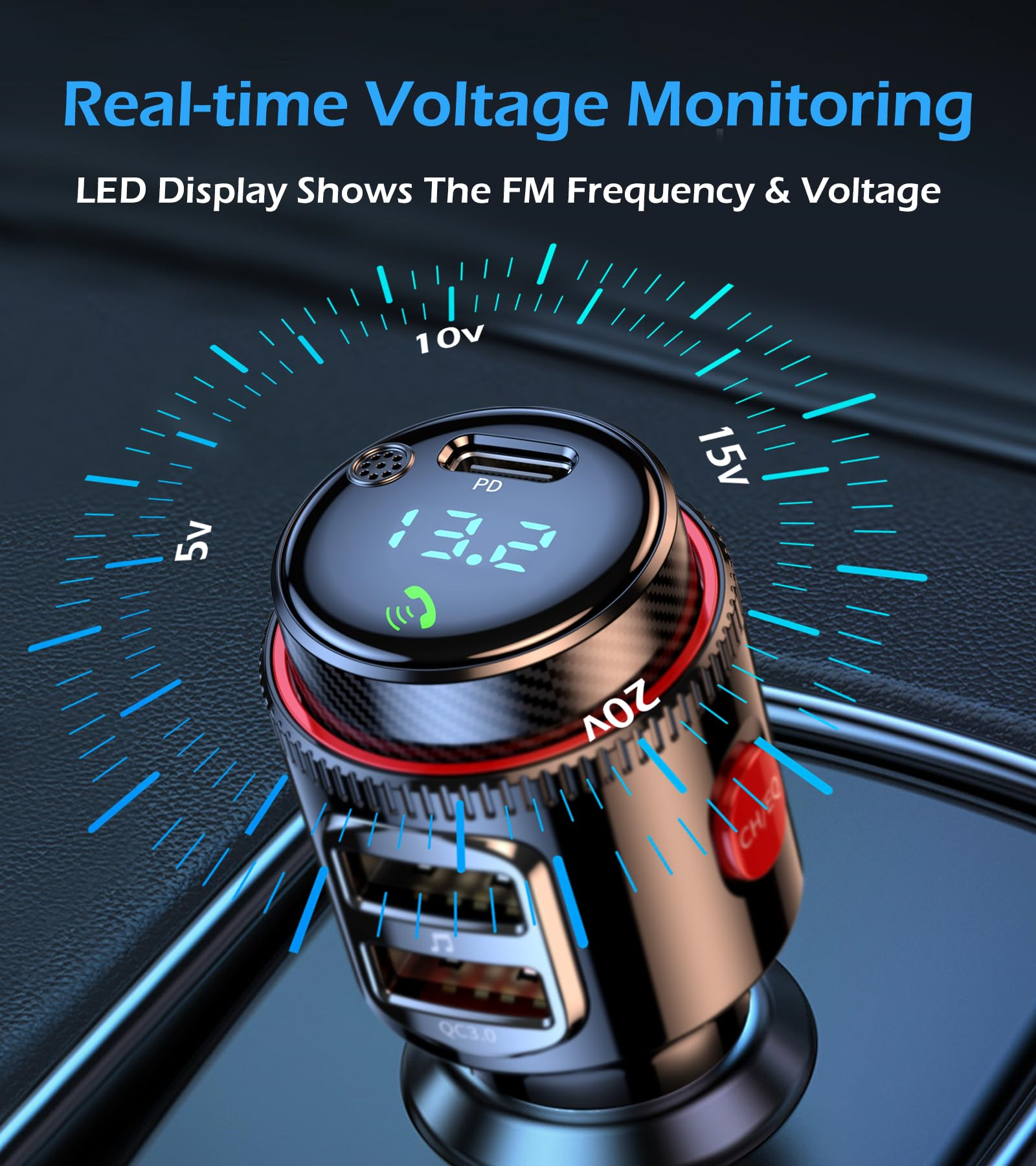 Auto-FM-Transmitter zeigt Spannung und Frequenz. LED-Anzeige. USB-Anschlüsse.