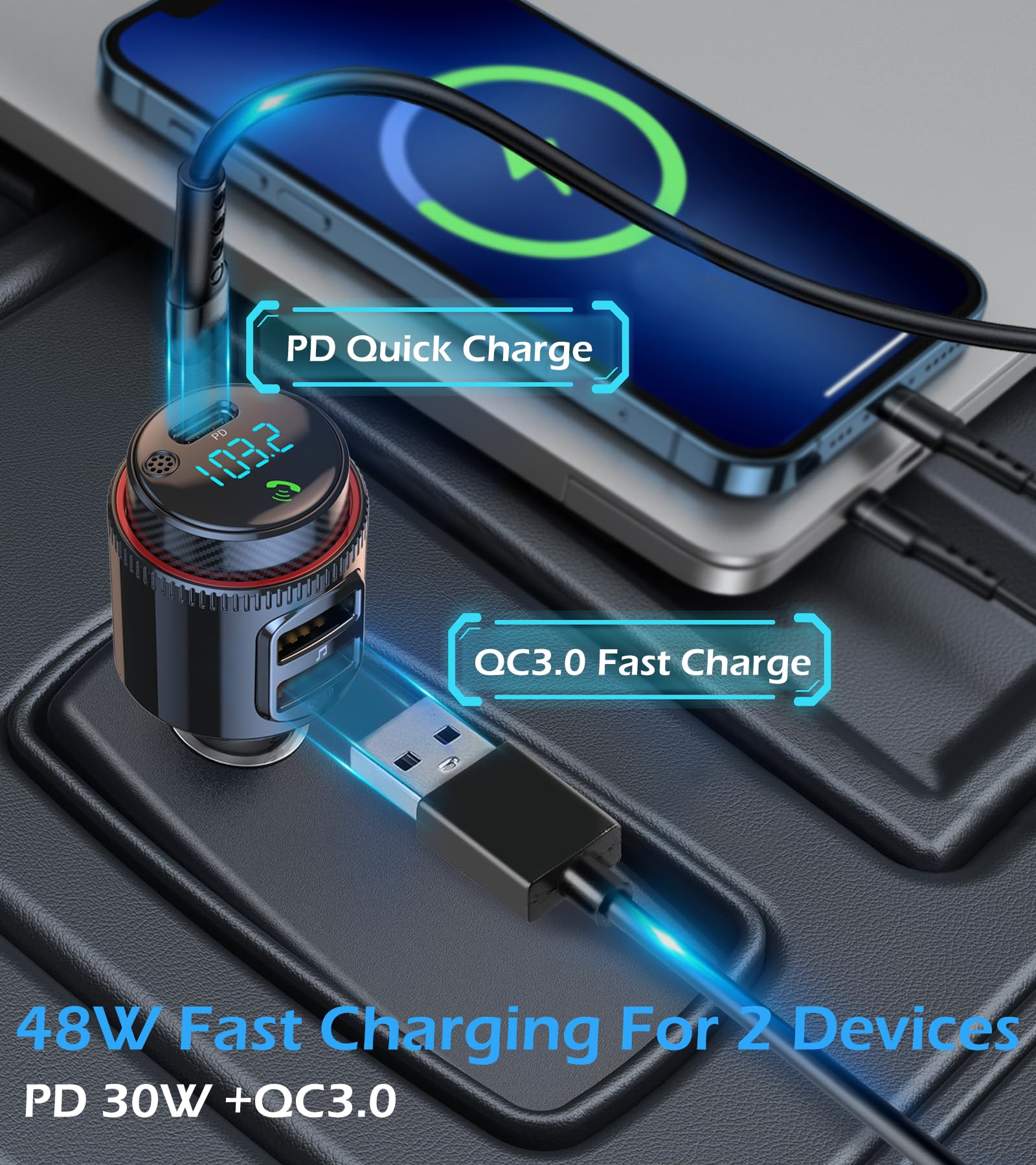 Autoladegerät mit zwei Ladeanschlüssen. Einer für PD Quick Charge, der andere für QC3.0 Fast Charge.