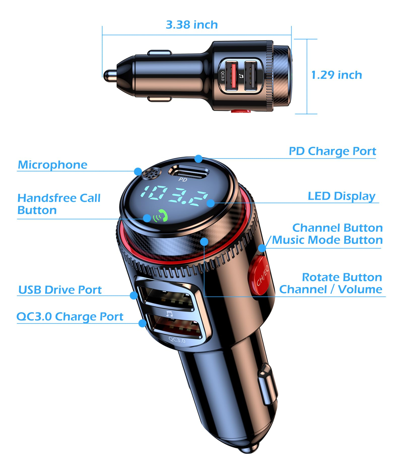 Autoladegerät mit USB-Anschlüssen und einem Bildschirm mit Details.
