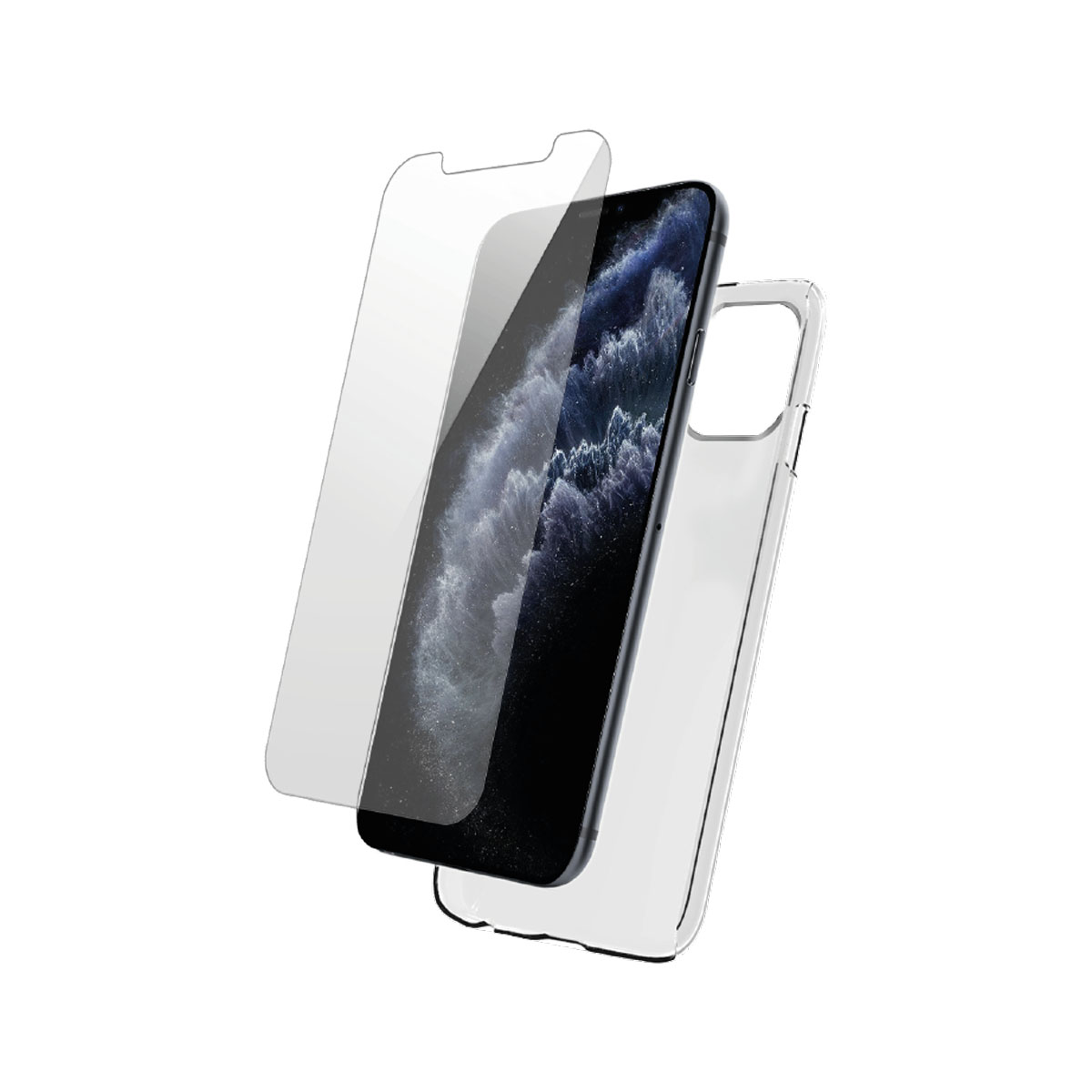 Un telefono con una protezione per lo schermo e una custodia trasparente, fluttuante in aria. Sfondo bianco.