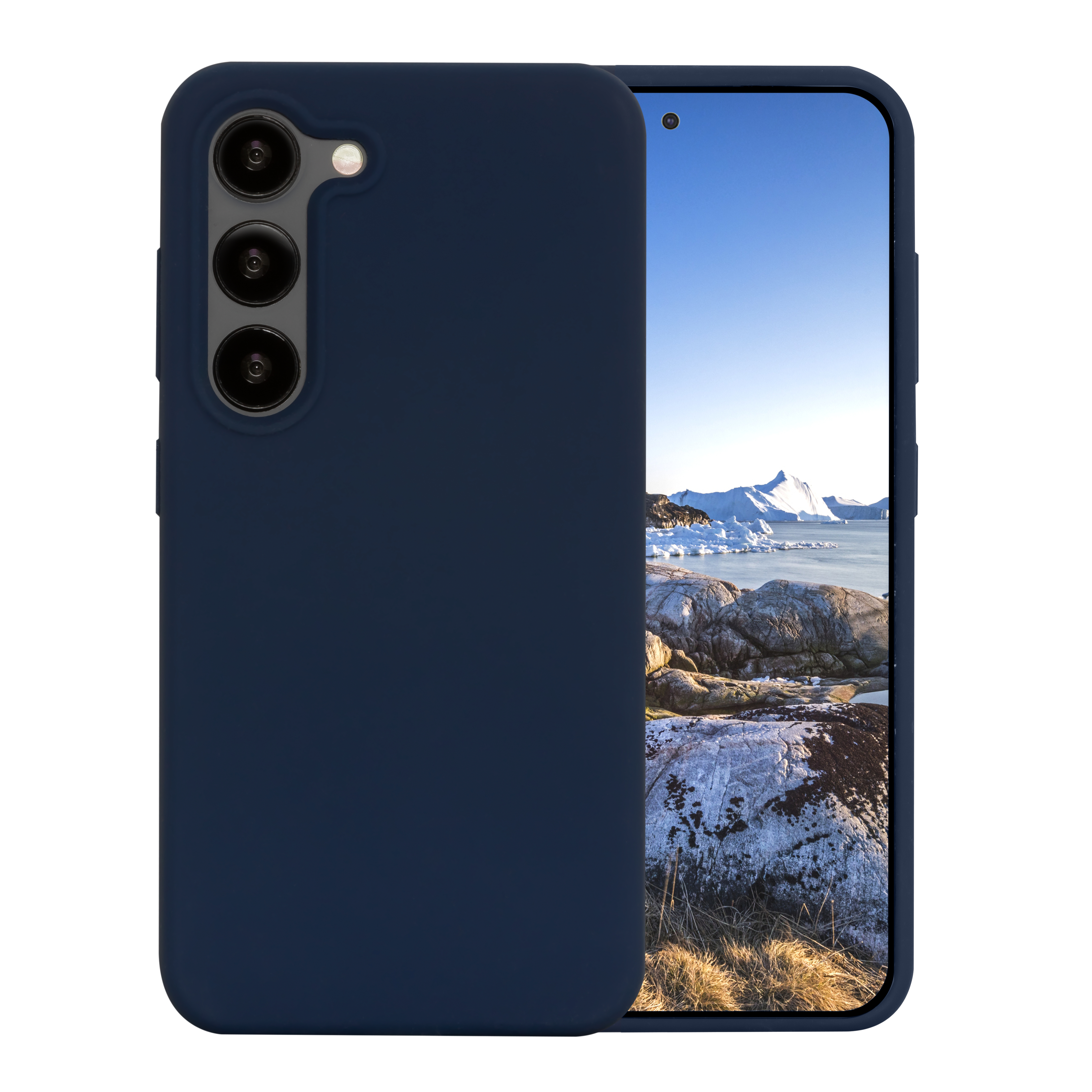 Custodia blu con telefono che mostra un paesaggio ghiacciato. Su sfondo bianco.
