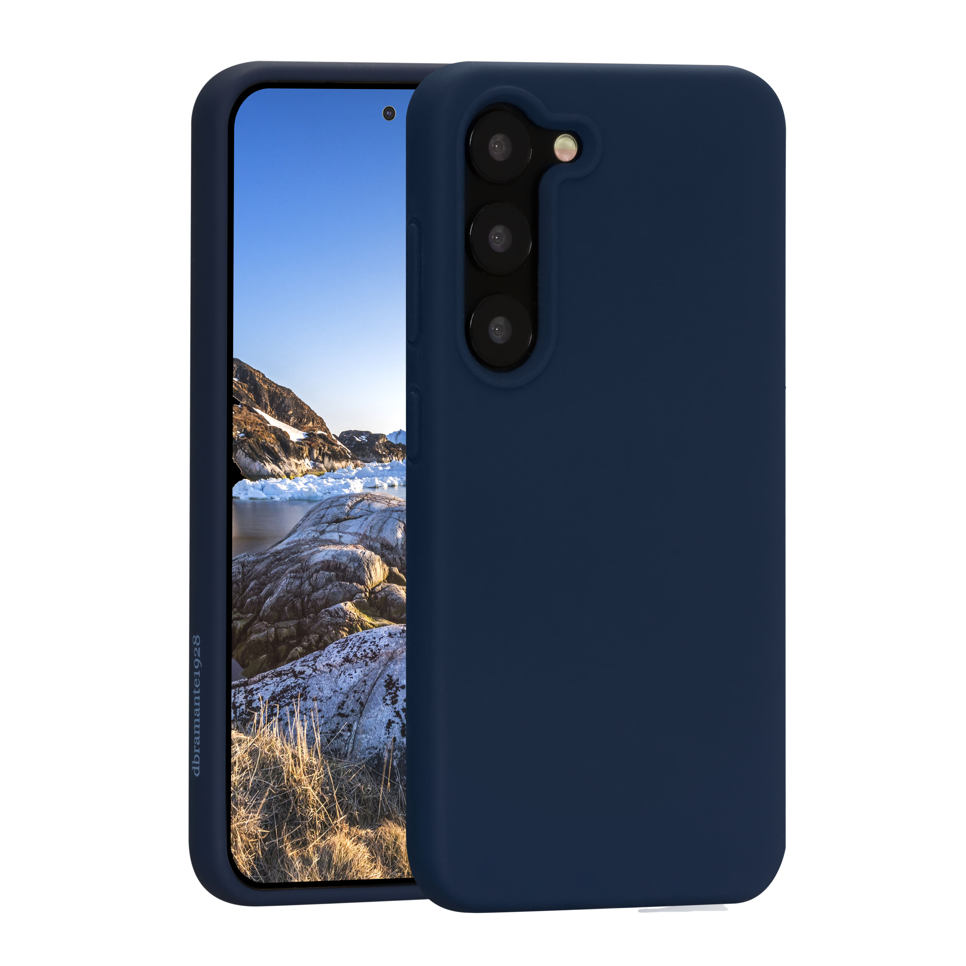 Custodia blu navy con telefono, che mostra un paesaggio sullo schermo.