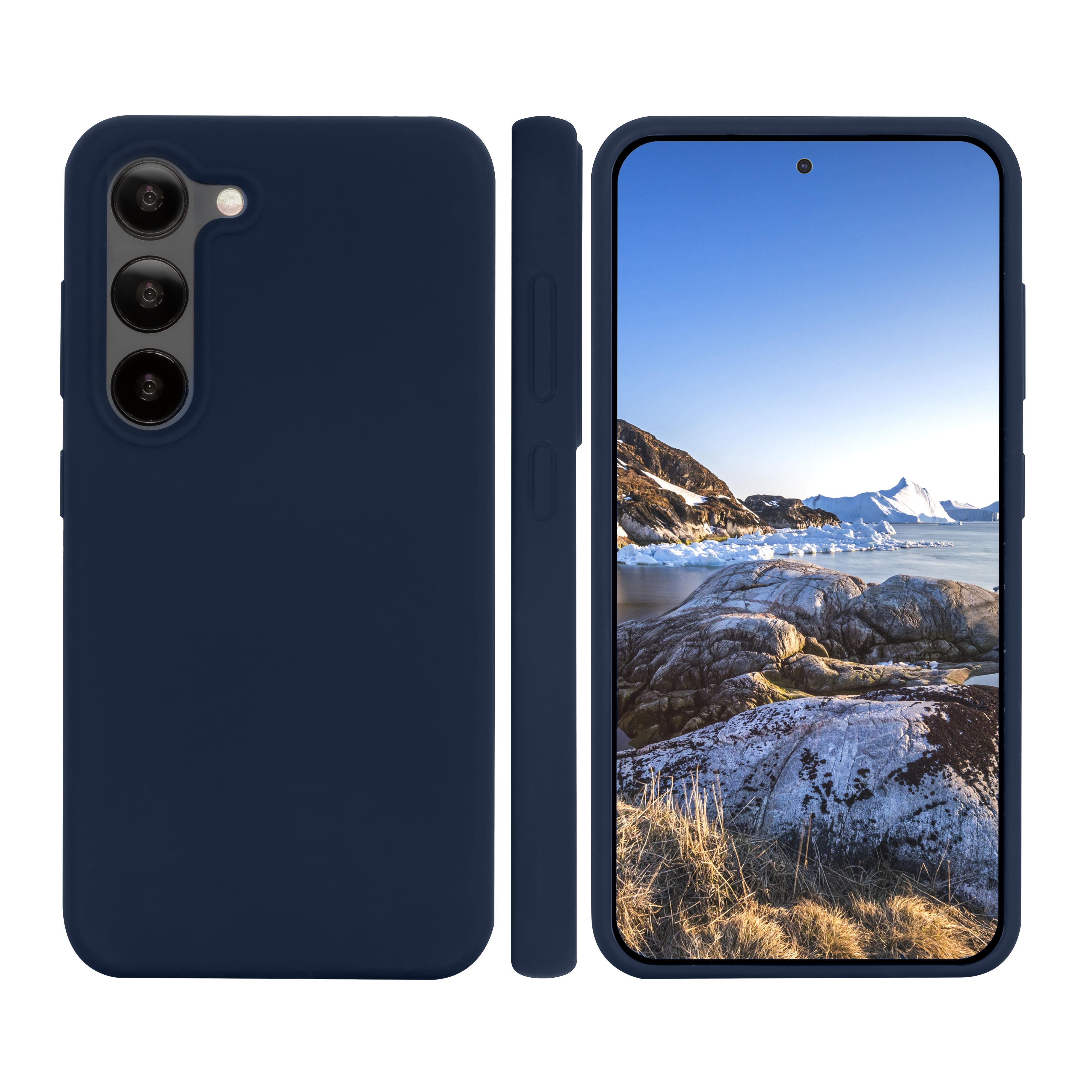 Custodia blu con telefono che mostra un paesaggio ghiacciato. La custodia è vista di lato.