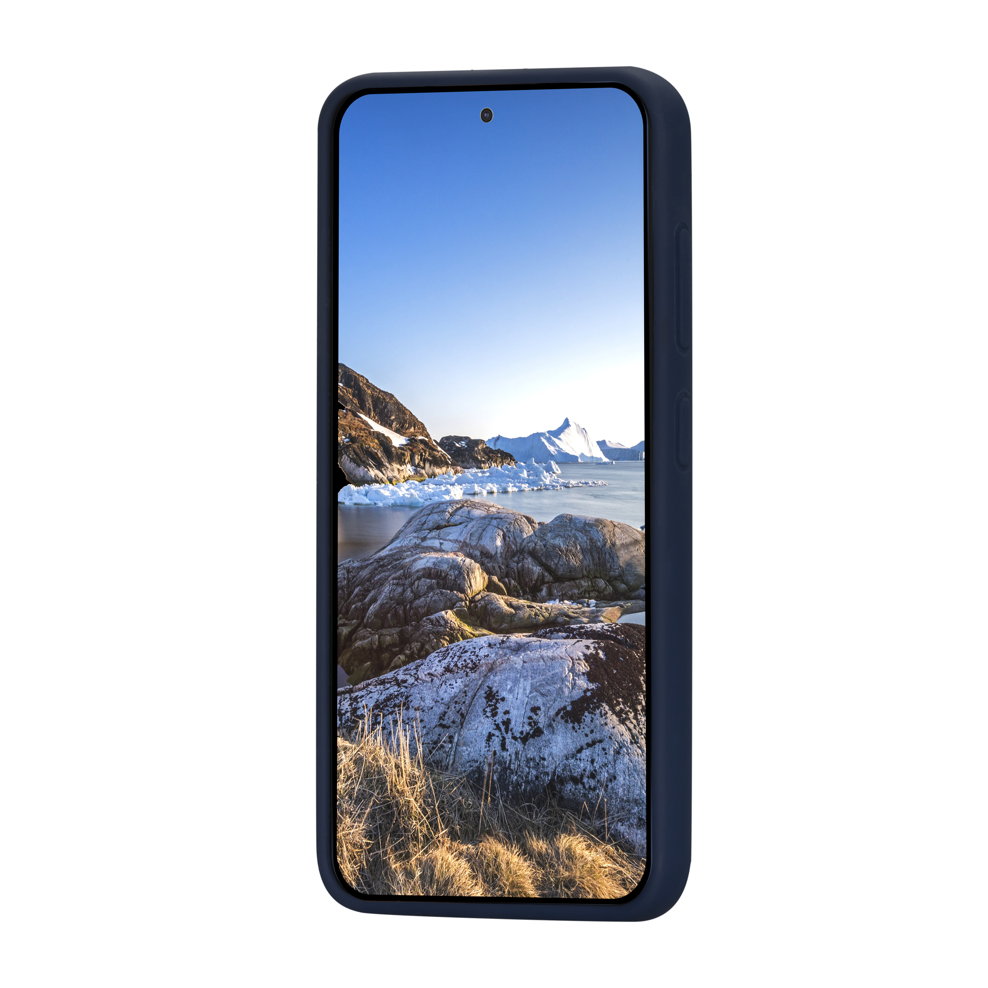 Telefono blu navy in una custodia blu navy. Lo schermo mostra un paesaggio.