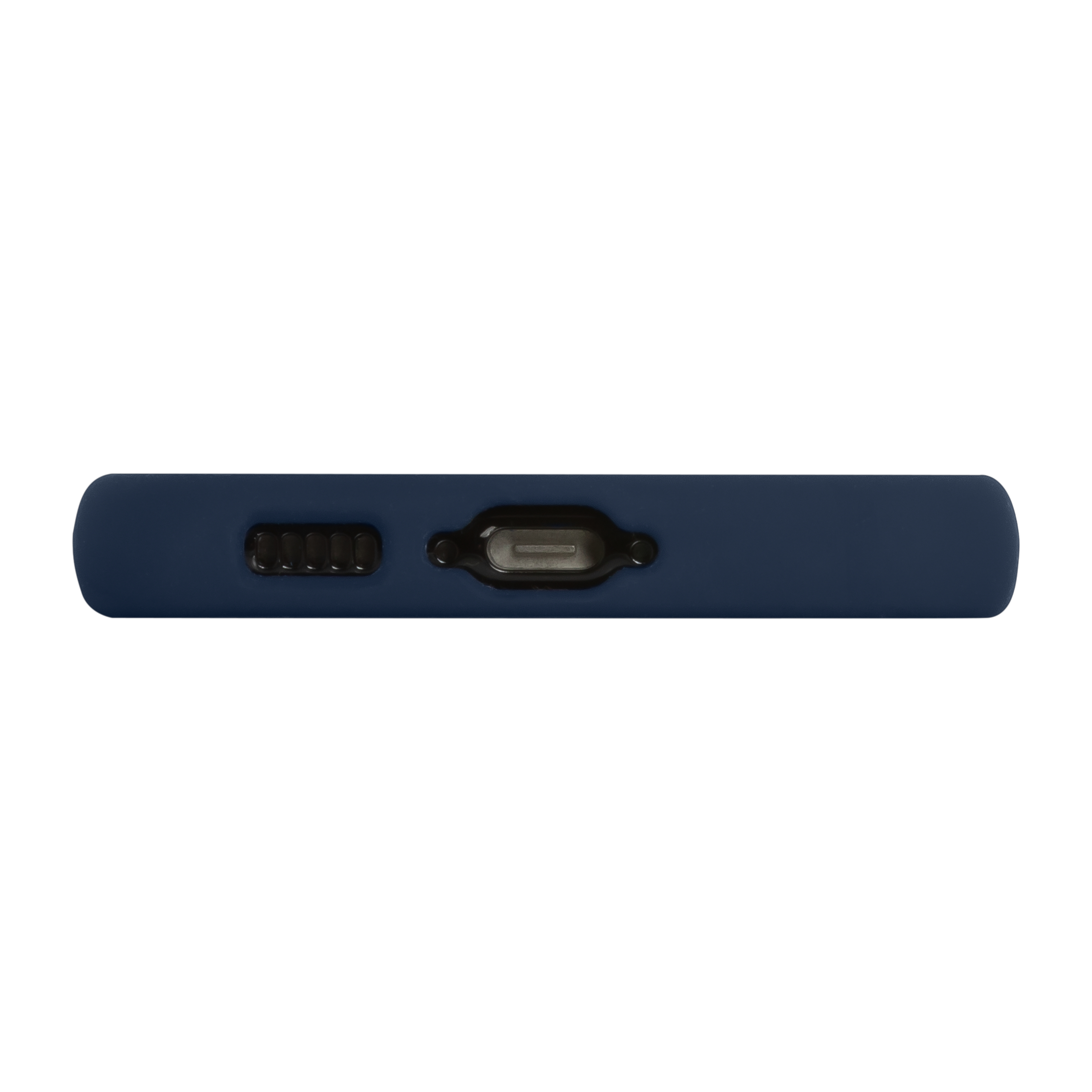 Lato inferiore della custodia blu navy, che mostra la porta di ricarica e altri elementi.