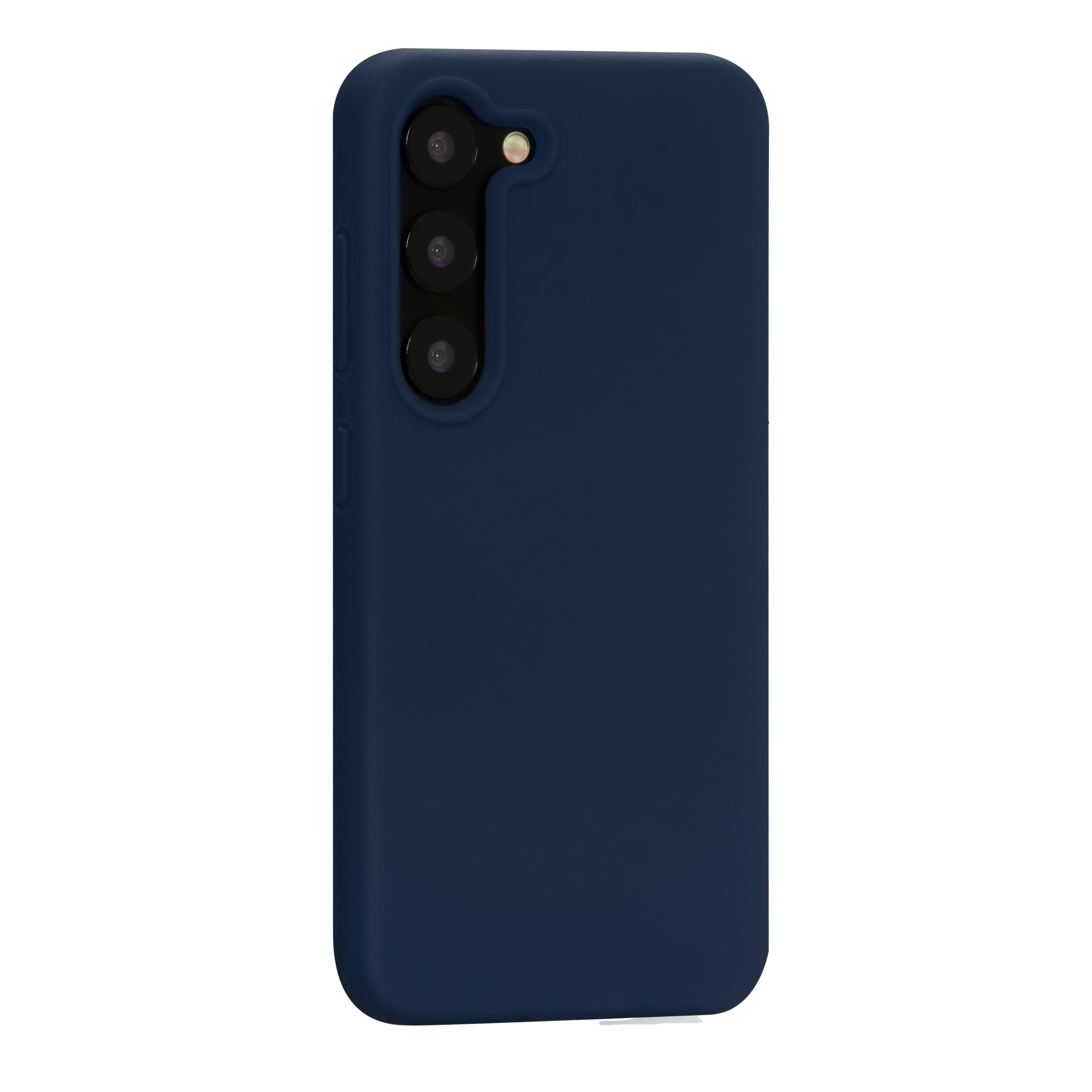 Custodia blu navy con tre obiettivi della fotocamera e un flash, sul retro.