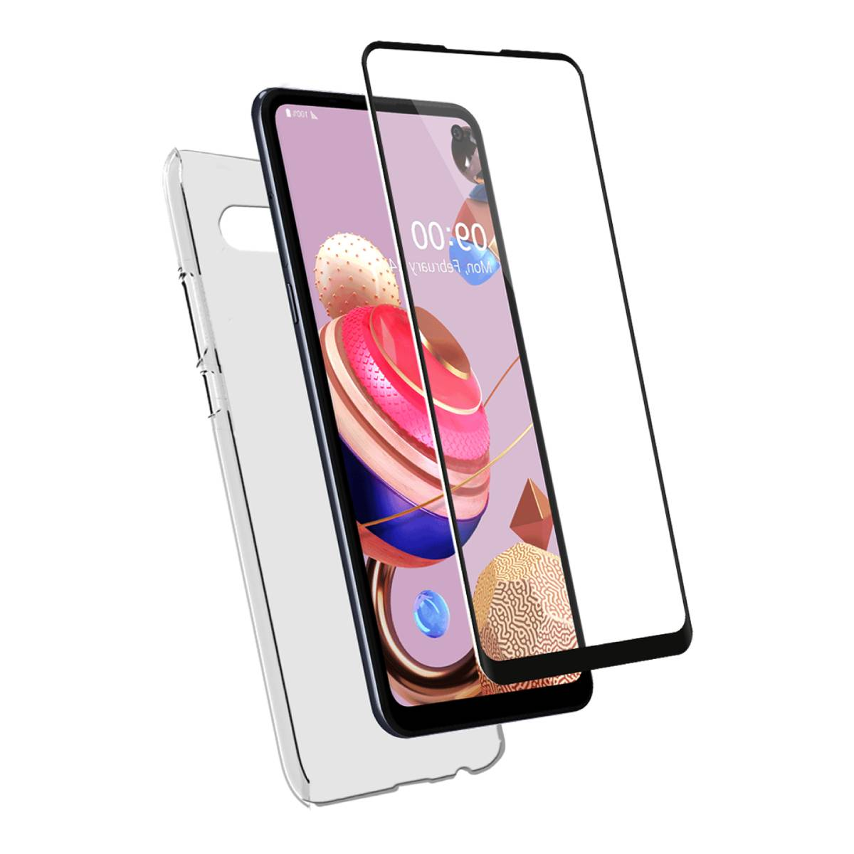 Telefono con protezione schermo e custodia. Il telefono ha un display colorato. La protezione è trasparente.