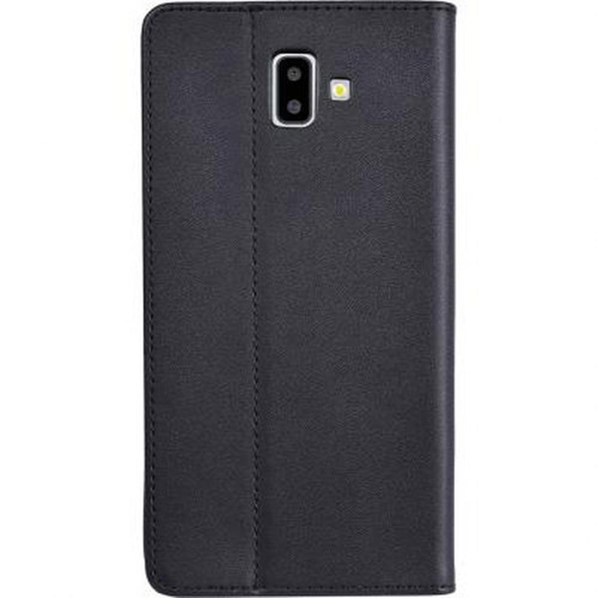 Custodia per telefono nera. Viene mostrato il retro del telefono con la fotocamera e il flash.