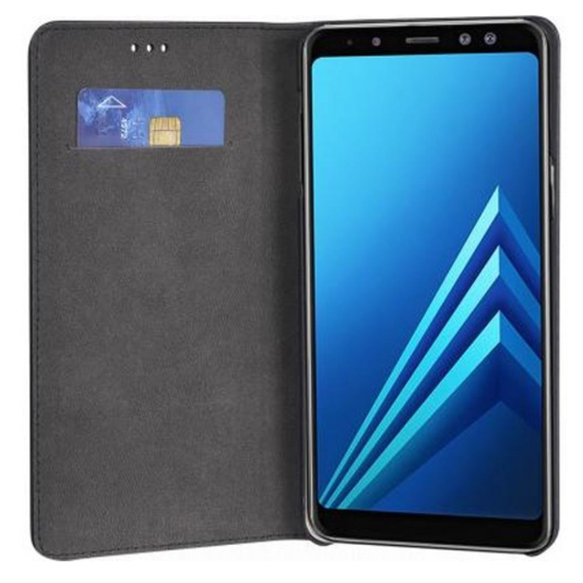 Custodia per telefono aperta con telefono all'interno, mostra schermo blu e slot per carte.