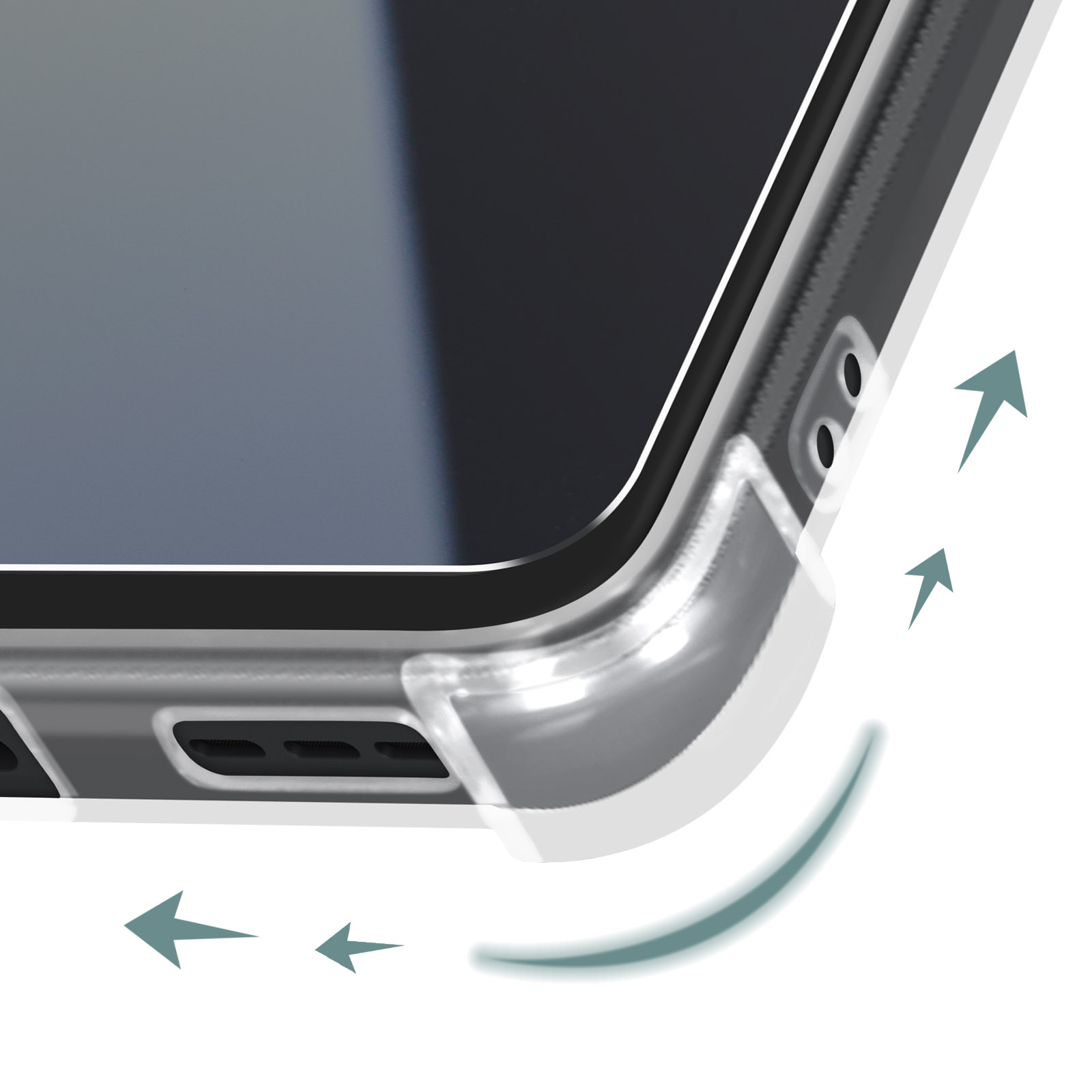 Primo piano di una custodia trasparente per telefono. La custodia ha delle frecce.
