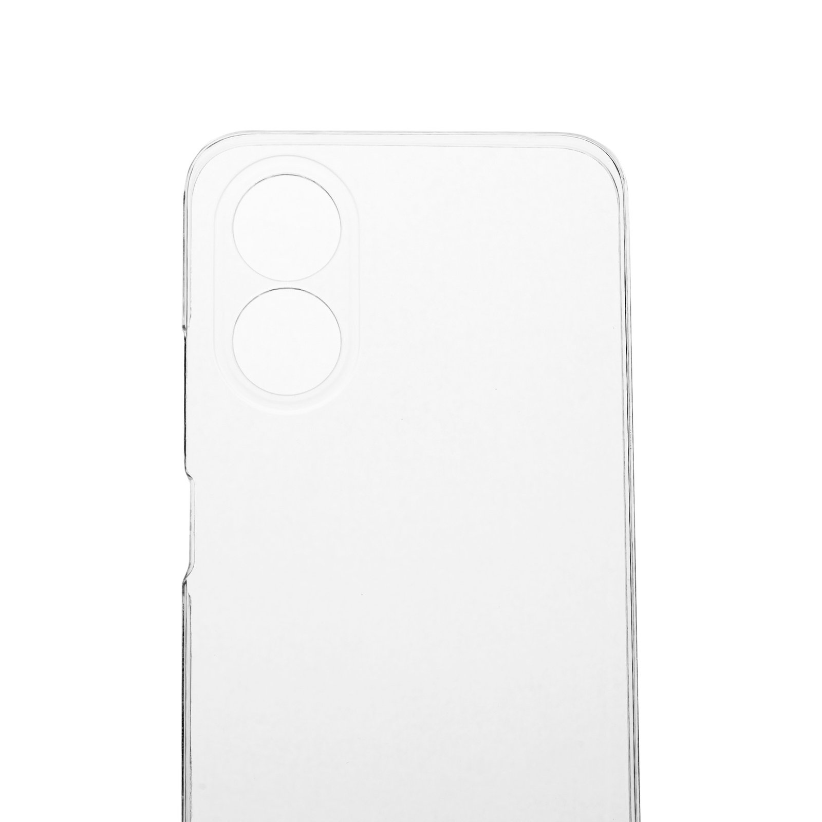 Primer plano de una funda transparente para teléfono. Se ven dos círculos.