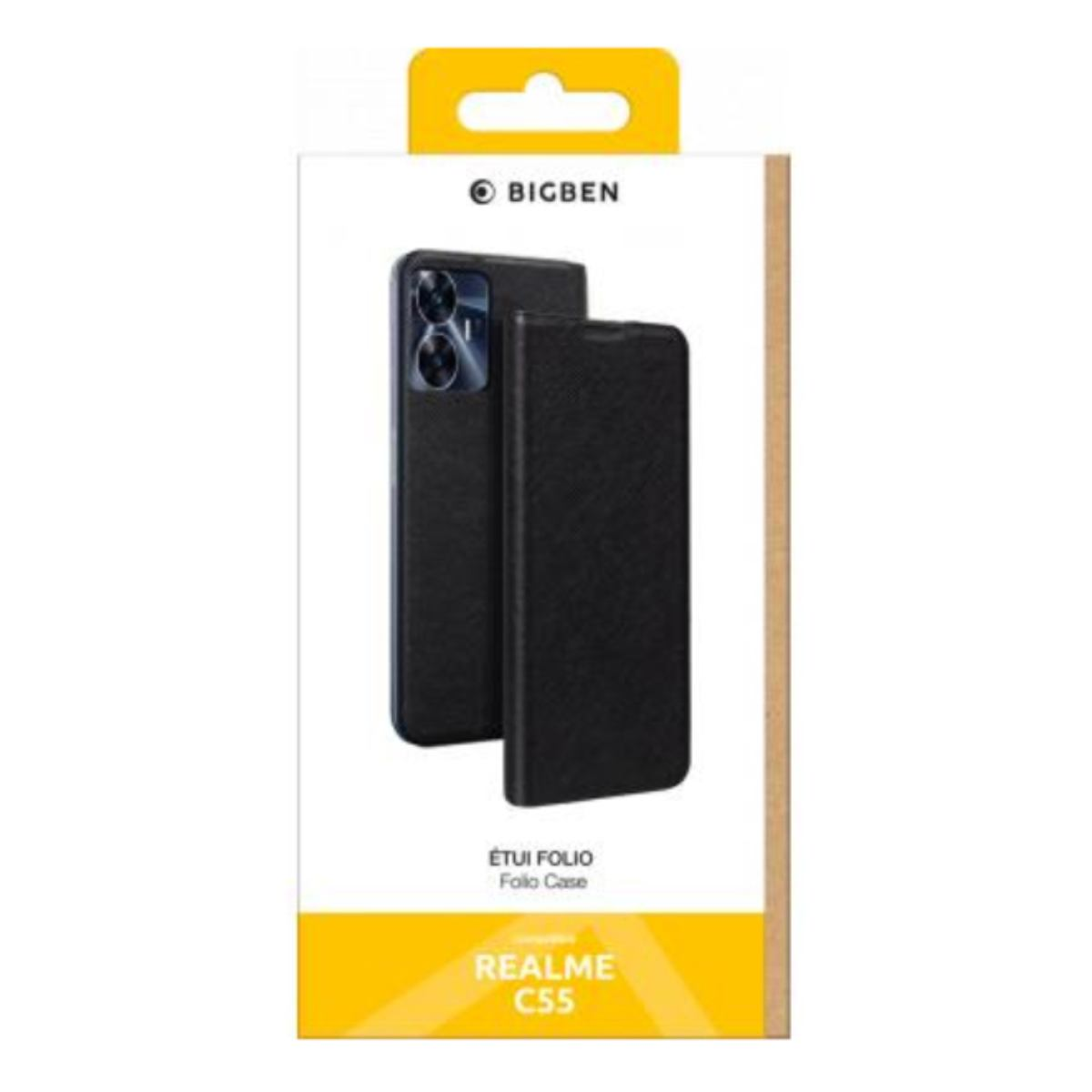 Schwarze Handyhüllenverpackung mit Telefonbild. Weißer Hintergrund.