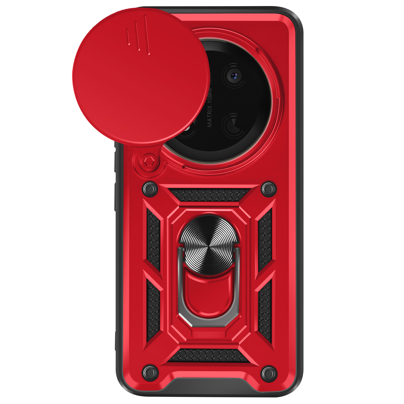 Custodia rossa per telefono con copertura fotocamera e anello per le dita. Su sfondo nero.