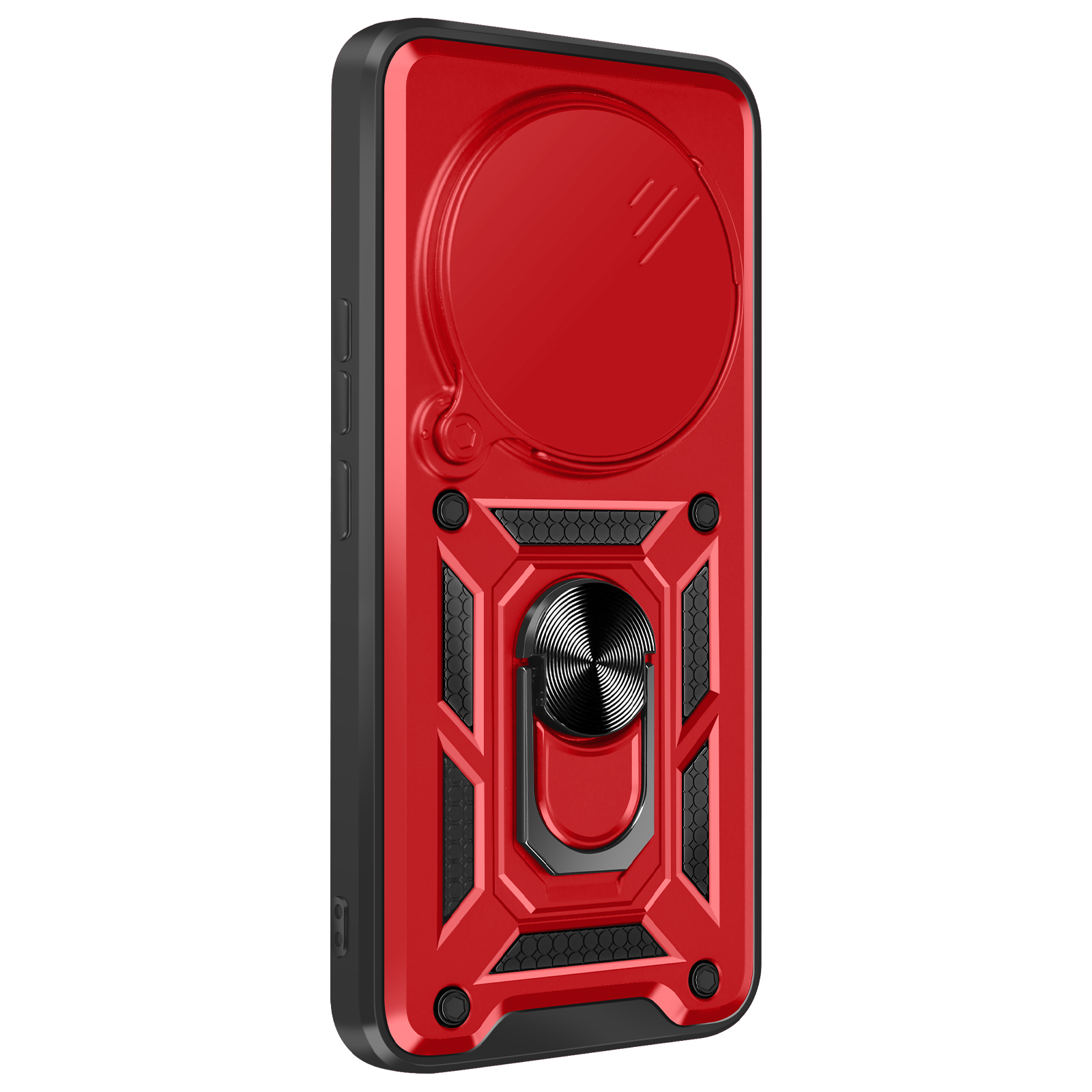 Custodia rossa e nera con anello di supporto.