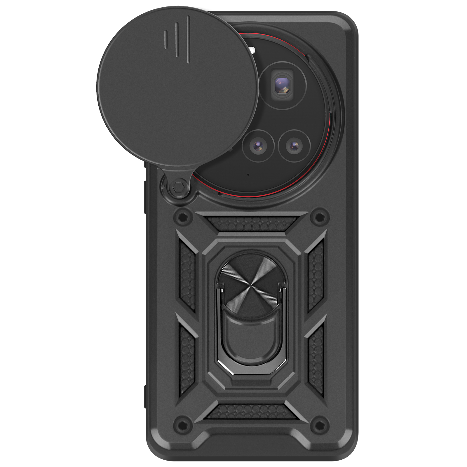 Custodia grigio scuro con copertura fotocamera e anello di supporto.