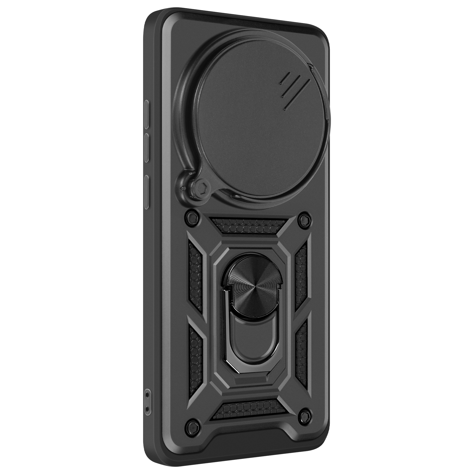Custodia grigio scuro con copertura fotocamera e anello di supporto.