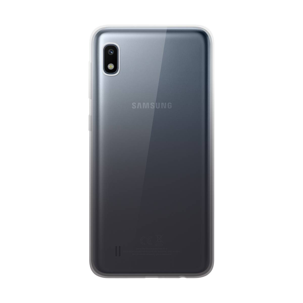 Telefono in custodia trasparente. Il retro del telefono è visibile. Logo Samsung.