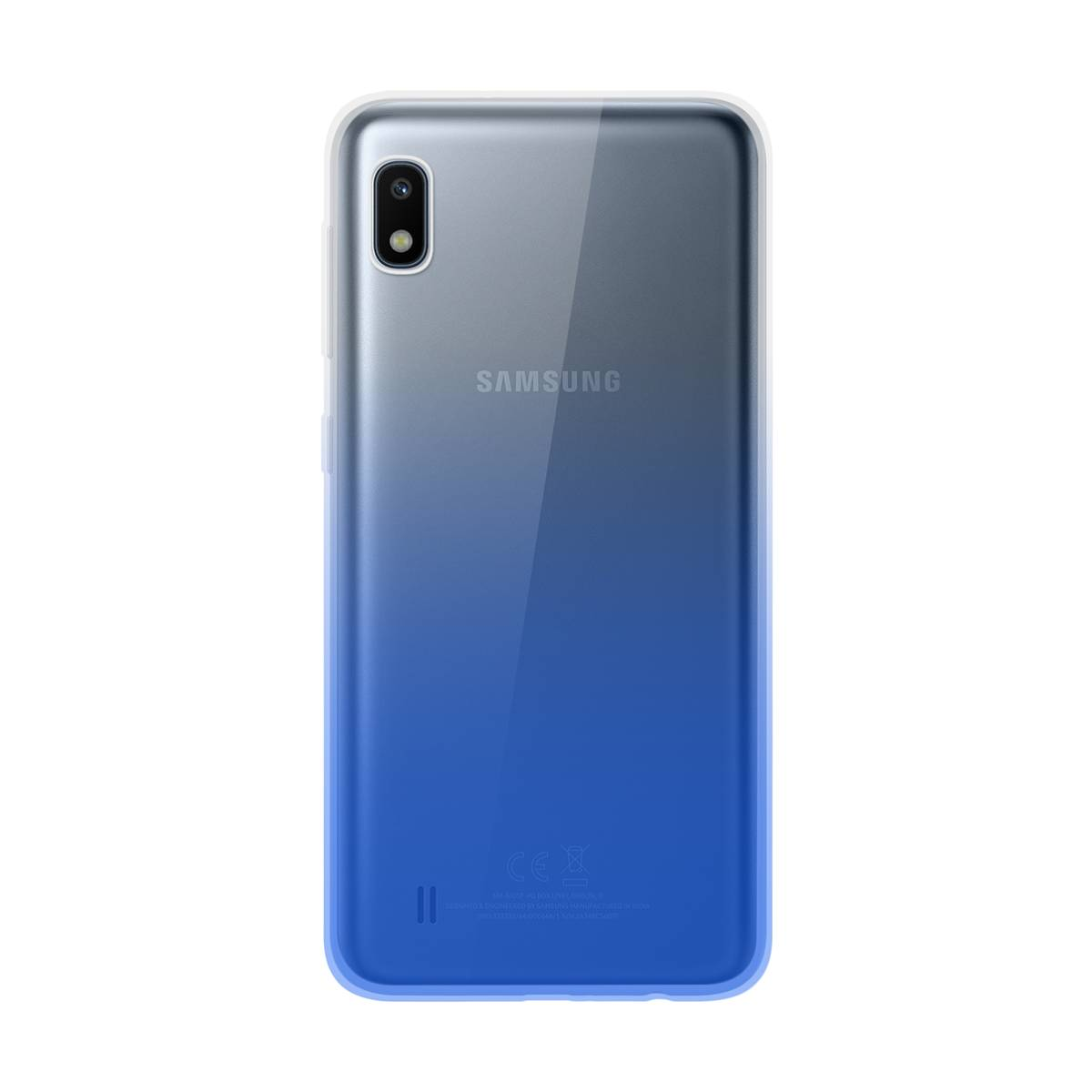 Una custodia per telefono con un retro sfumato blu e bianco, il telefono è all'interno.