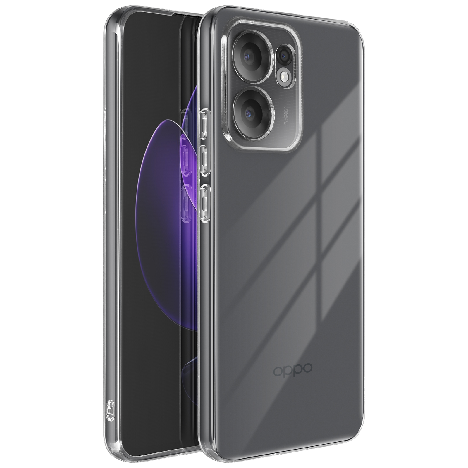 Custodia trasparente attorno a un telefono. Due fotocamere posteriori visibili. Sfondo nero.