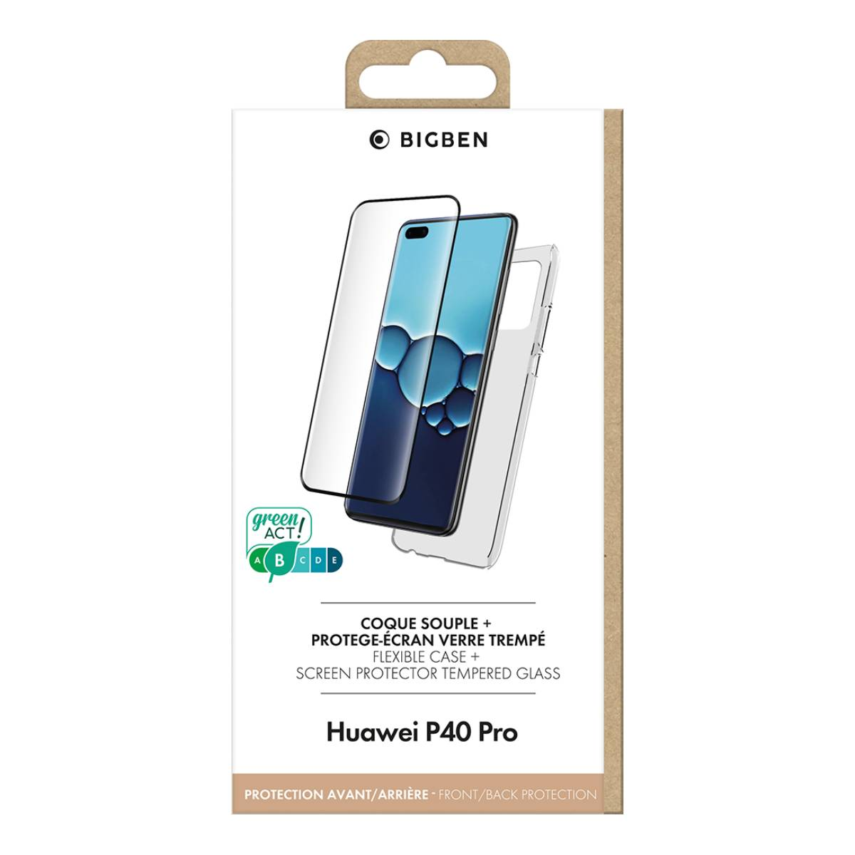 Scatola con telefono e custodia. La custodia è trasparente. Huawei P40 Pro scritto.