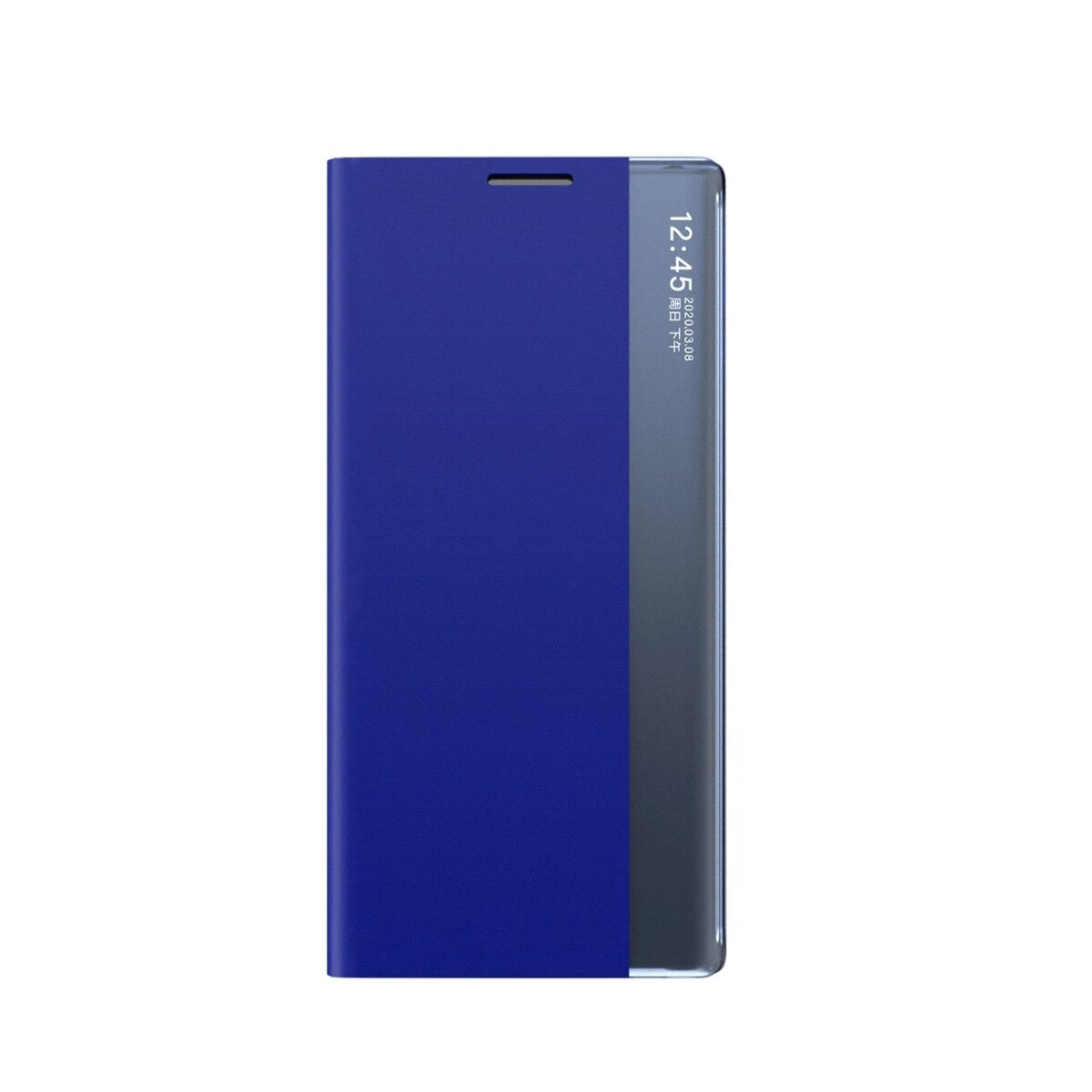 Blaue Handyhülle mit einer dunkelgrauen Hälfte. Zeigt Uhrzeit und Datum auf dem Bildschirm an.