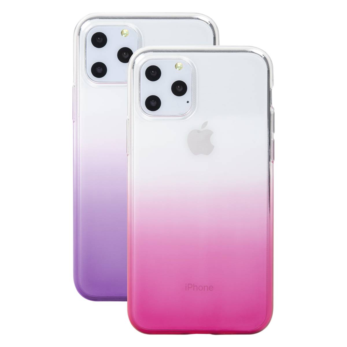 Due custodie sfumate per telefono. Una è rosa, l'altra viola. Entrambe hanno il logo Apple.