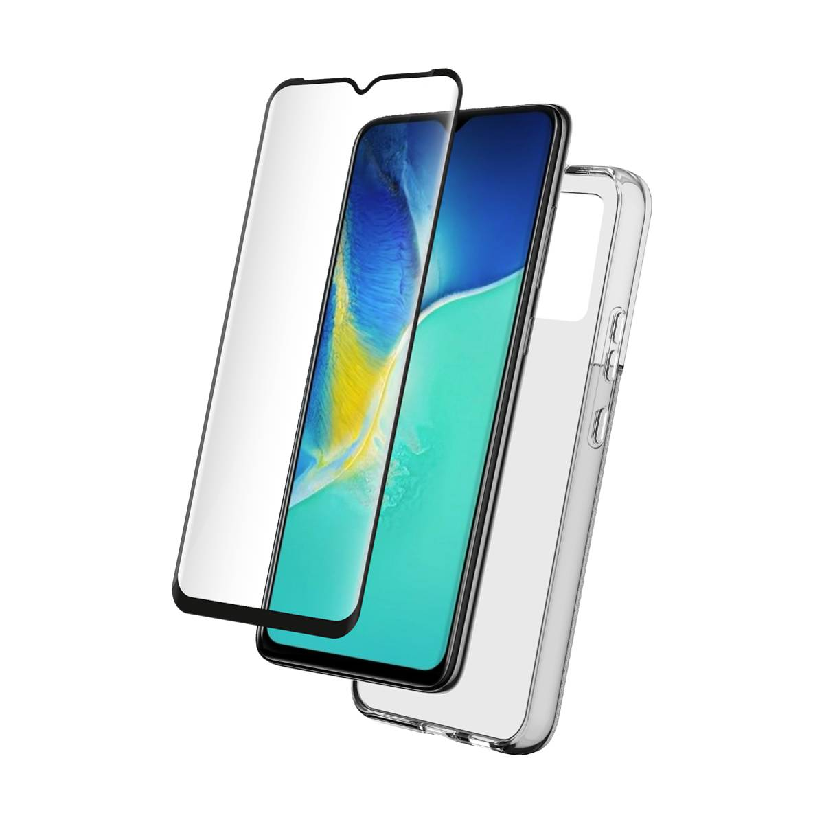 Un telefono con protezione schermo e custodia trasparente. Il telefono ha uno schermo blu e una custodia trasparente.