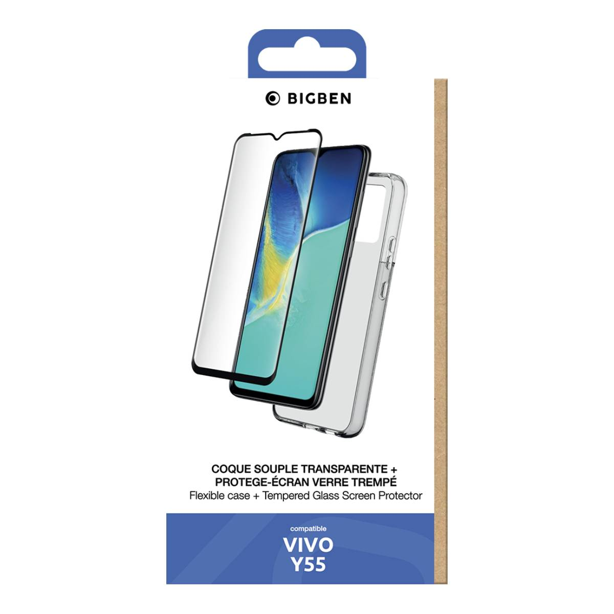 Confezione con telefono, protezione schermo e custodia. Testo: Custodia flessibile + protezione schermo in vetro temperato.
