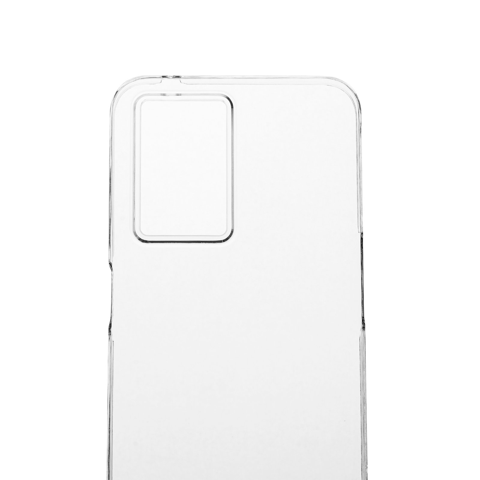 Funda transparente para teléfono con recortes de cámara sobre fondo blanco.