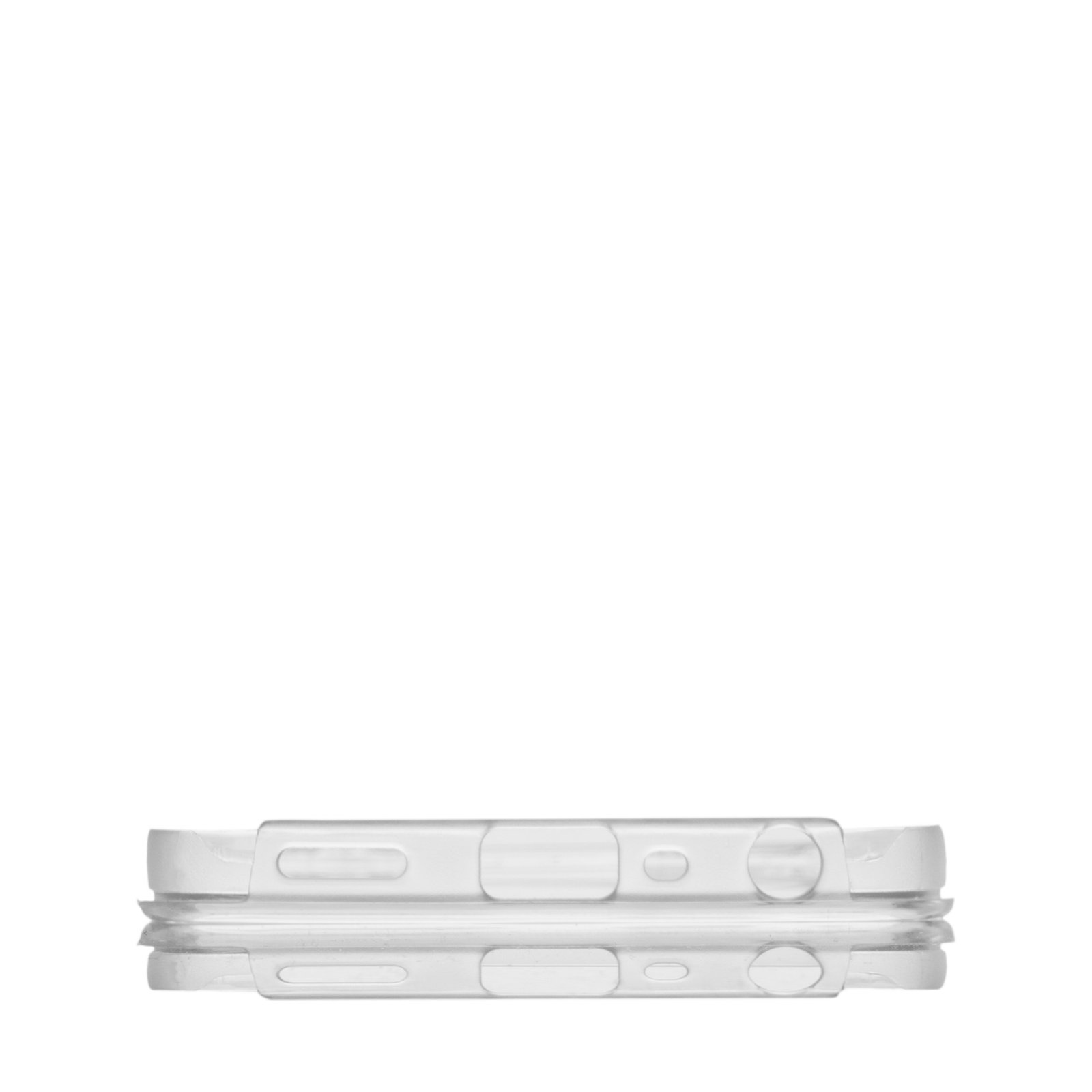 Dos fundas transparentes para teléfono apiladas, mostrando el perfil lateral.