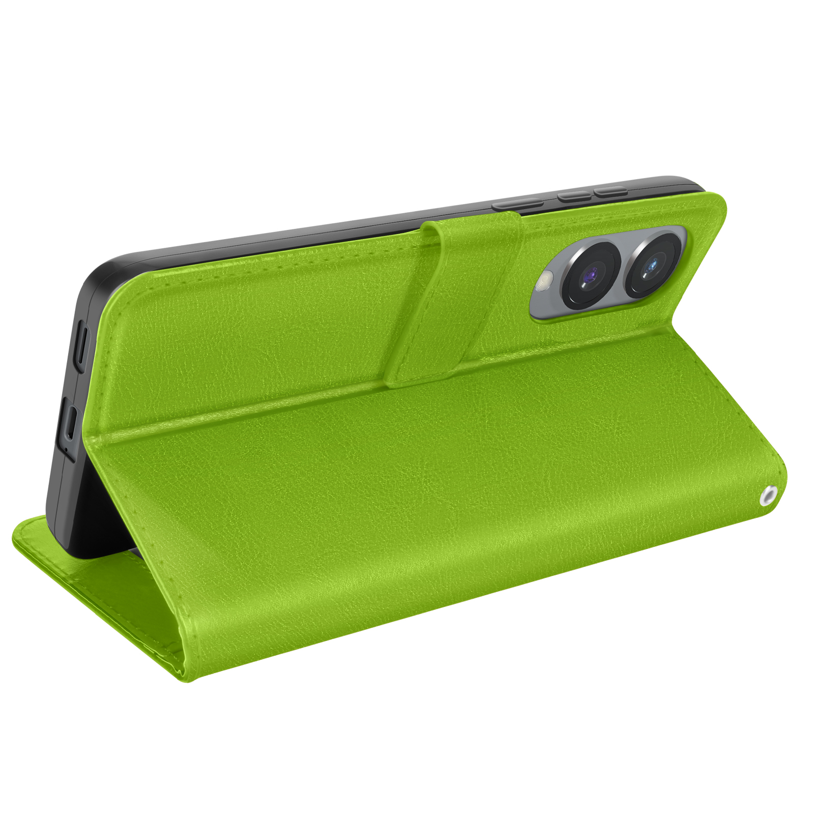 Custodia verde per telefono, aperta, che sorregge il telefono, mostrando le lenti della fotocamera.